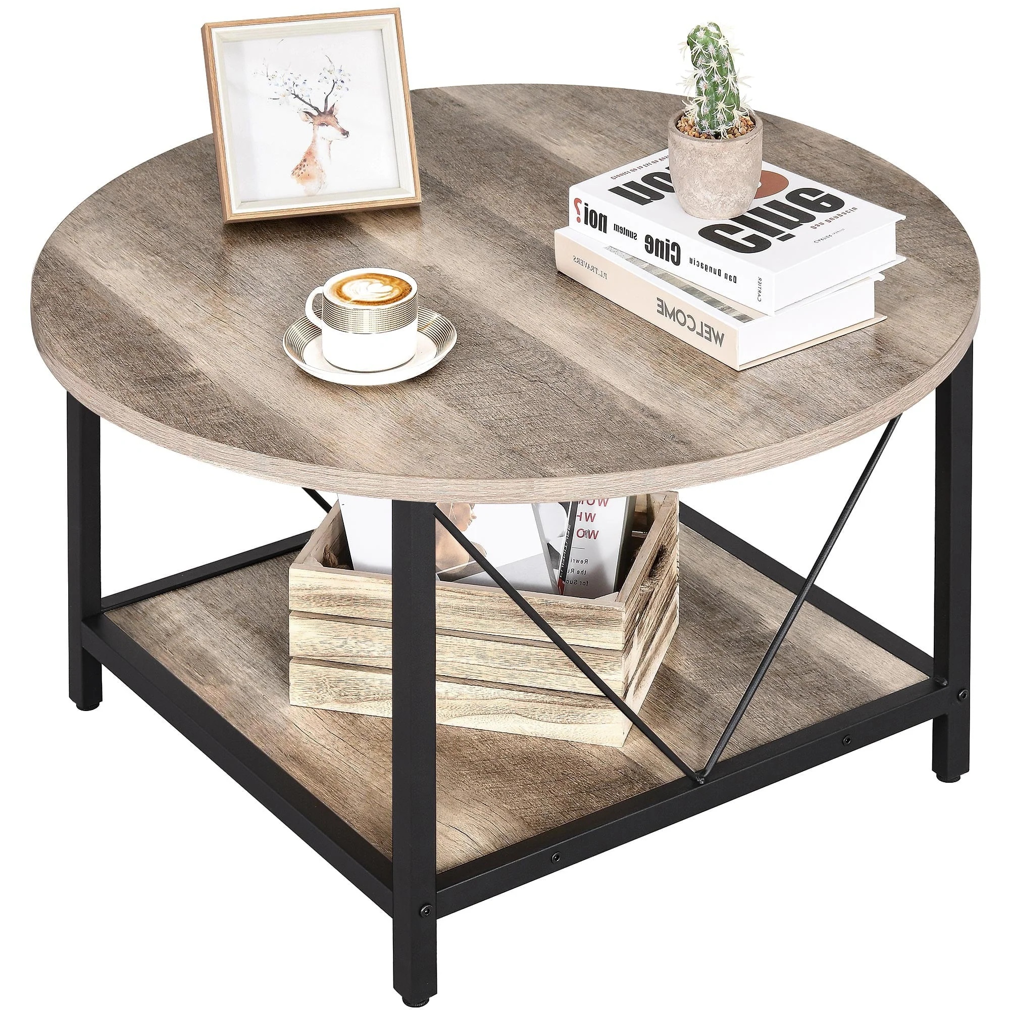 Dextrus Round Coffee Table with Storage, Rustic Living Room Tables with Sturdy Metal Legs, OAK - Image 9