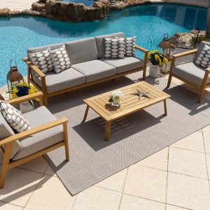 Laguna 4-Piece Eucalyptus Wood Outdoor Patio Conversation Sofa Set w/Three-Seat Sofa, Two Armchairs and Coffee Table