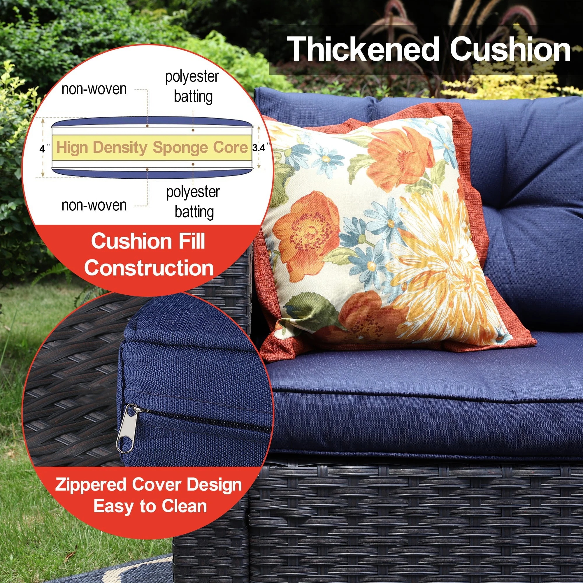 Sophia & William 3Pcs Outdoor Patio Wicker Rattan Sectional Sofa Set - Blue - Image 8