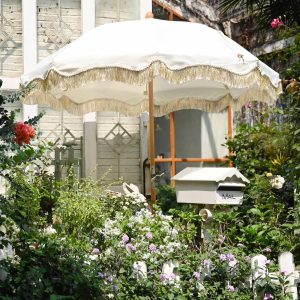 LAGarden 6 Ft Fringe Patio Umbrella with Tassel Jazz Age Wood UPF50+ for Outdoor, Beige with gold tassel,Model: JZ6-01