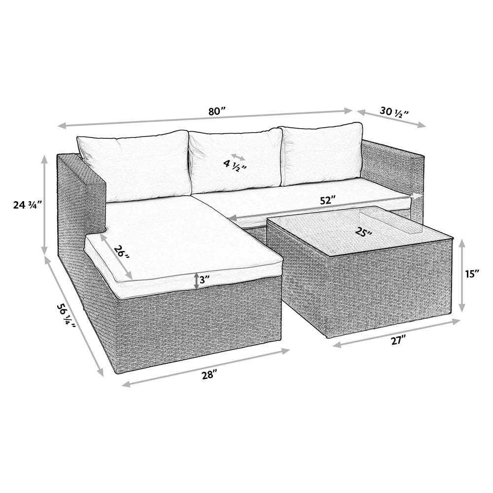 Abble 3pcs Patio Furniture Set Outddor Wicker Sectional Set Conversation Sofa Set with Cushions-Gray - Image 5