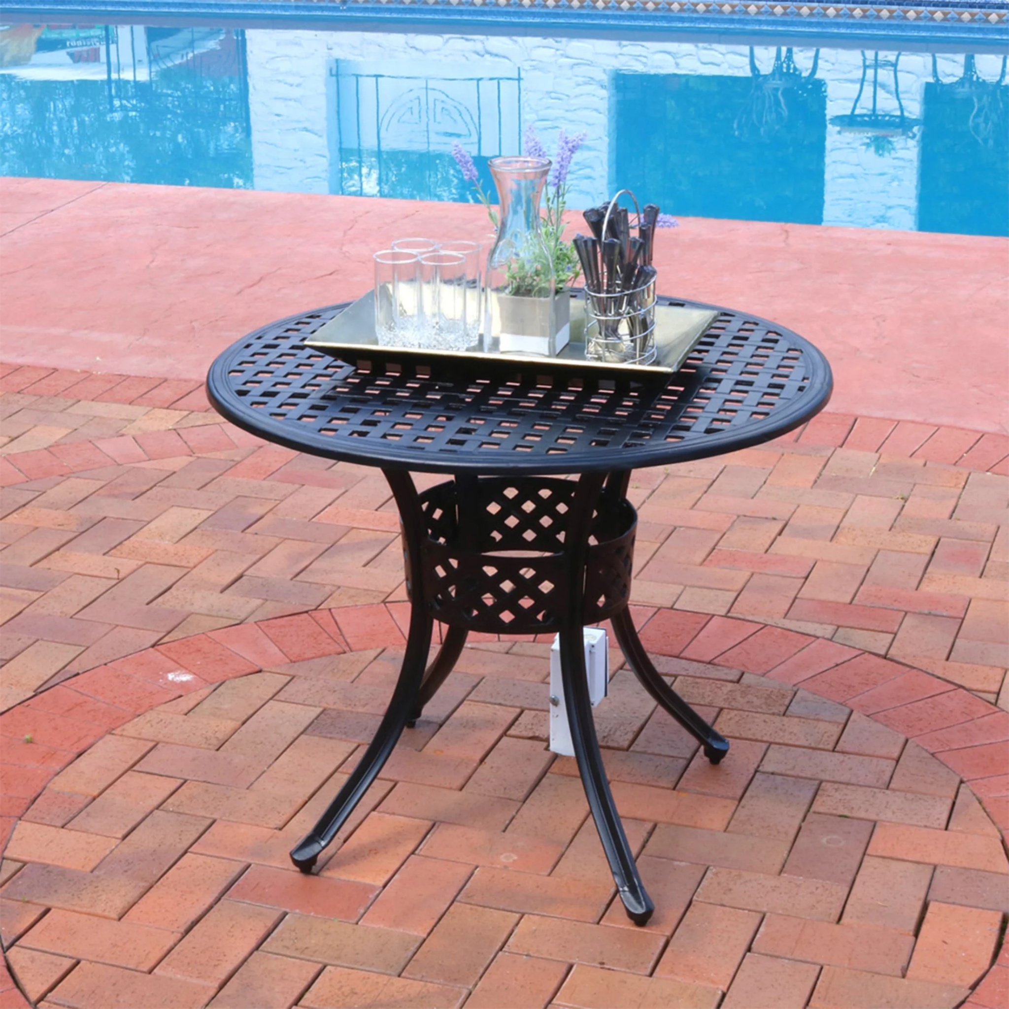 Sunnydaze Decorative Lattice 33" Round Cast Aluminum Outdoor Dining Table with Umbrella Hole - Image 3
