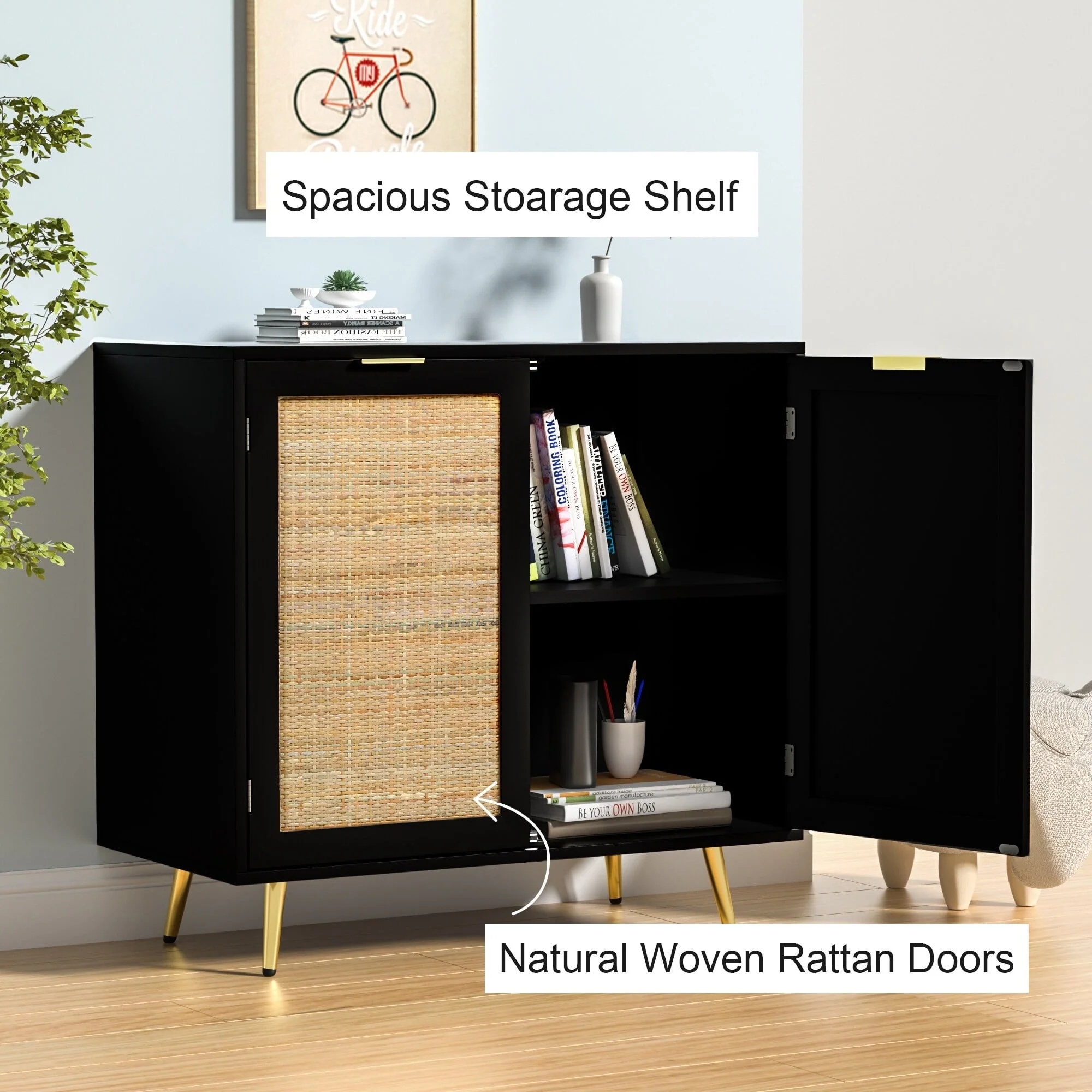 Anmytek Natural Rattan Black Buffet Sideboard Storage Cabinet with 2 Doors - Image 3