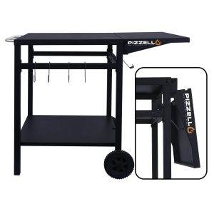 Pizzello Outdoor Grill Pizza Oven Food Prep Bbq Cart Stand Table with Storage Wheels Expandable Countertop, Black