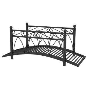 Outsunny 3.3' Metal Arch Zen Garden Bridge with Safety Siderails, Decorative Footbridge, Delicate Scrollwork & Corner Spheres for Stream, Fish Pond, Black