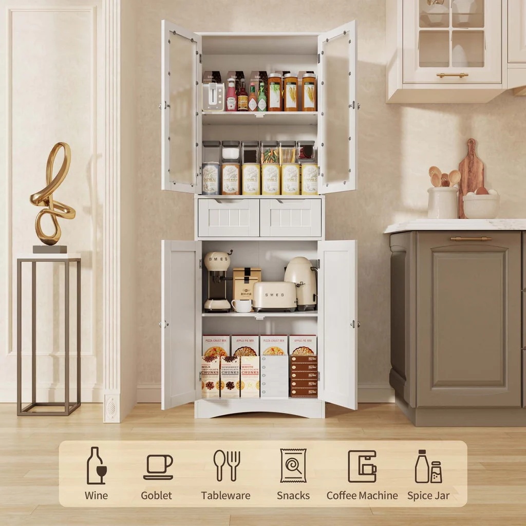 Aiho 66.9 "H Kitchen Pantry Storage Cabinet with 2 Drawers and Glass Doors for Kitchen - White - Image 3