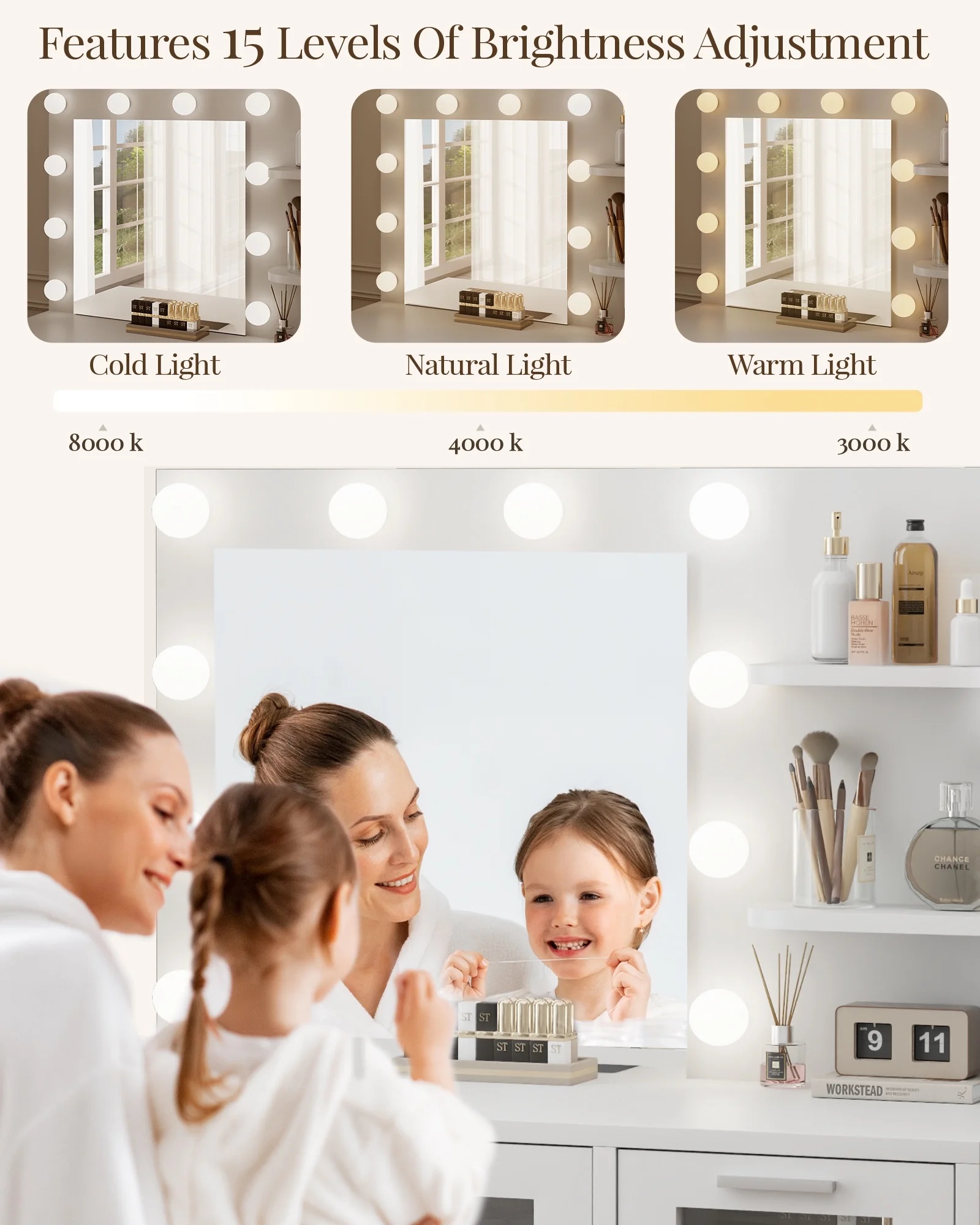 LIVELYGLOW Vanity Desk with Mirror and Lights, Makeup Vanity with Drawer & Storage Shelves, Cabinet, 3 Lighting Modes Adjustable Brightness,White - Image 59