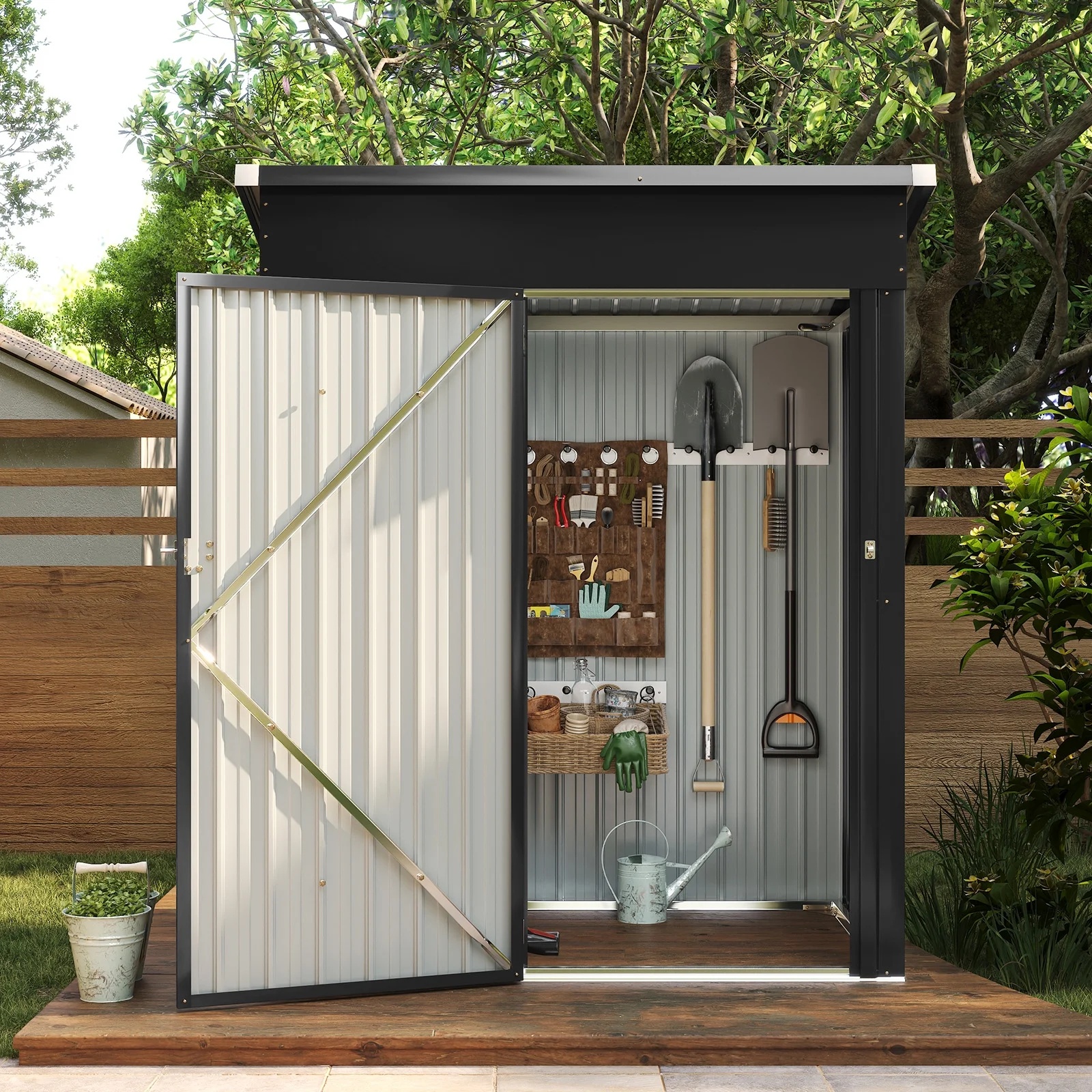 Aoxun 6' x 4' Storage Shed Lean to Storage Shed, Outdoor Metal Wall Side Storage Sheds, Outdoor Storage Cabinet for Patio, Garden, Lawn (Brown) - Image 59