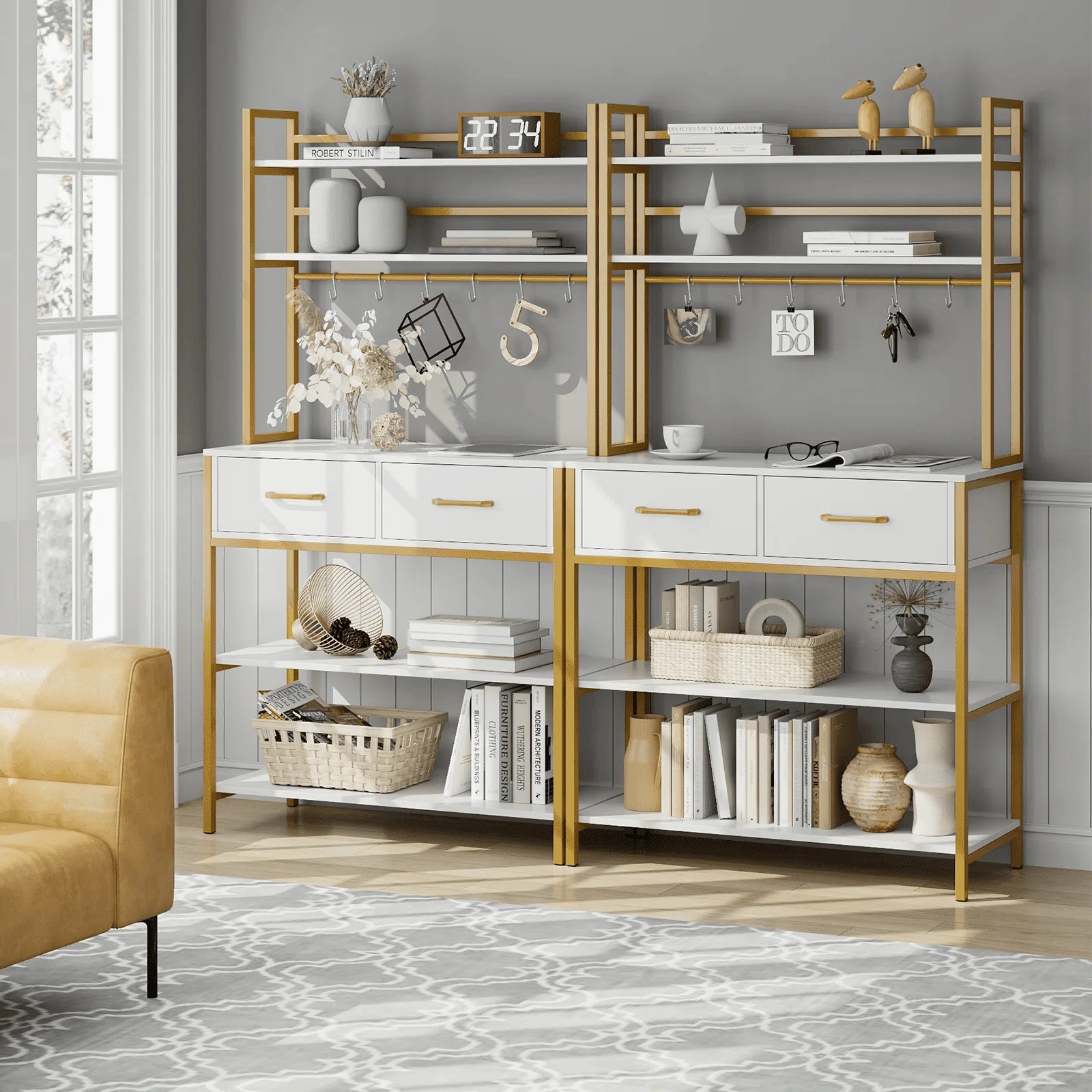 Homfa 2 Drawers Ladder Shelf, 5 Tier Modern Bookcase, Multifunctional Bookshelf Storage Rack, Gold and White - Image 7
