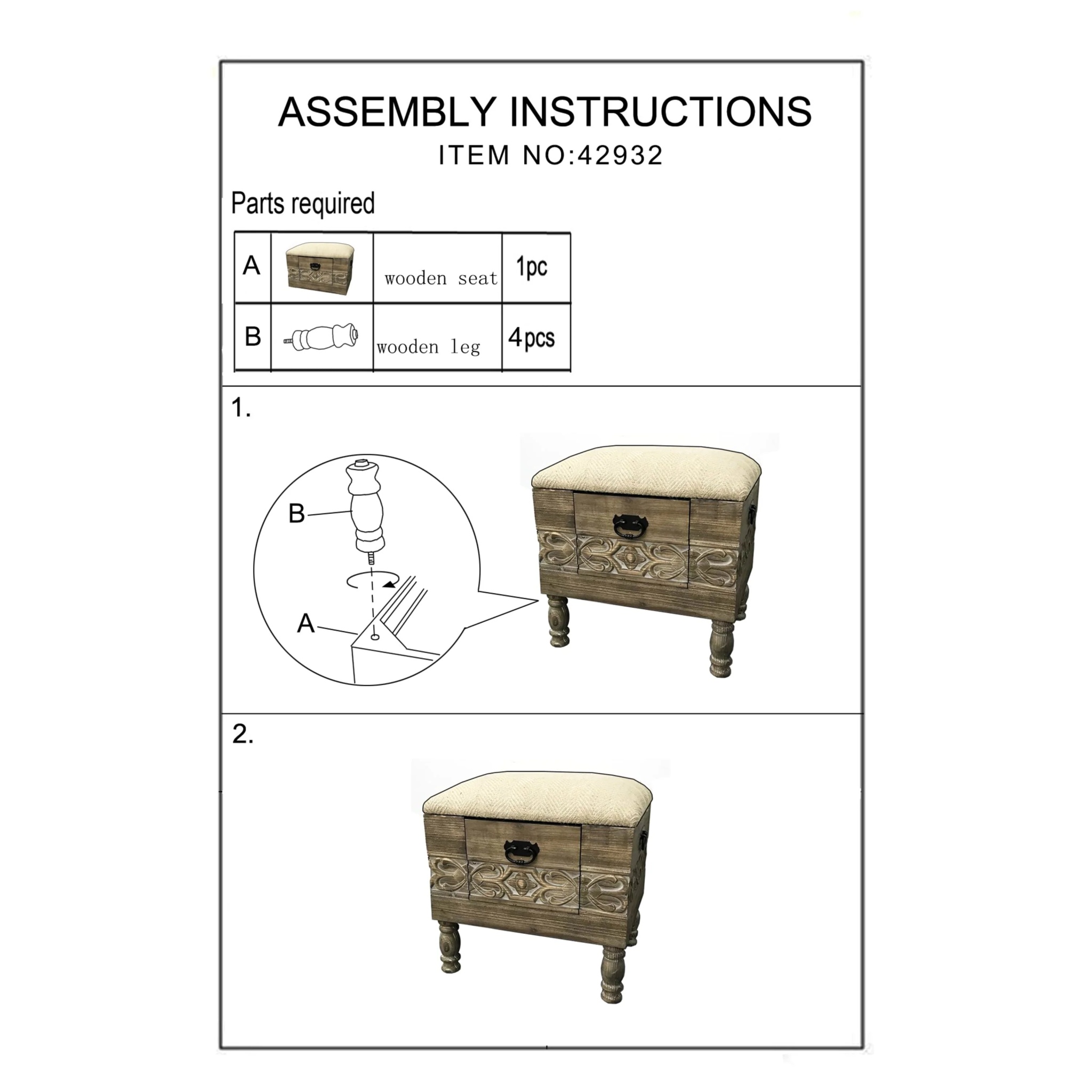 DecMode Wood Floral Intricately Carved Storage Stool with Cream Burlap Top, Beige - Image 11