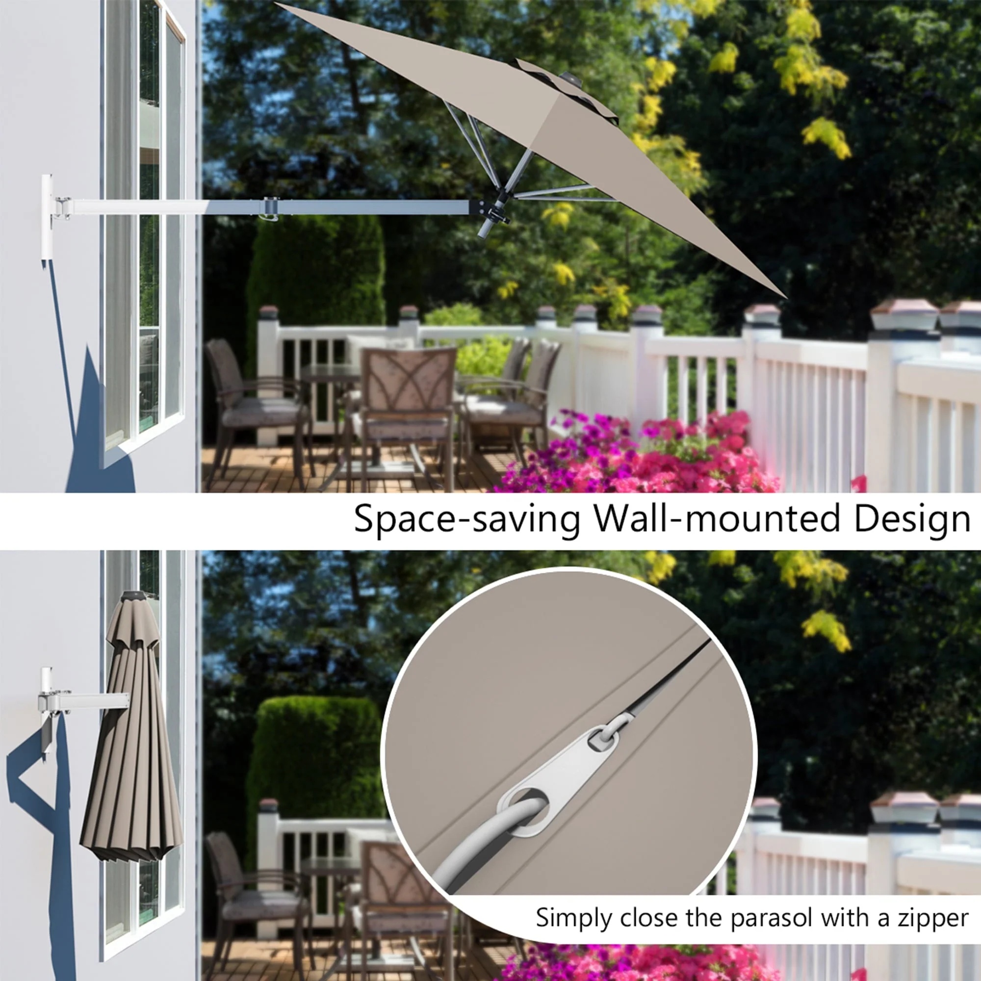 Gymax 8FT Patio Wall Mounted Cantilever Umbrella Parsol w/ Adjustable Pole Tan - Image 8