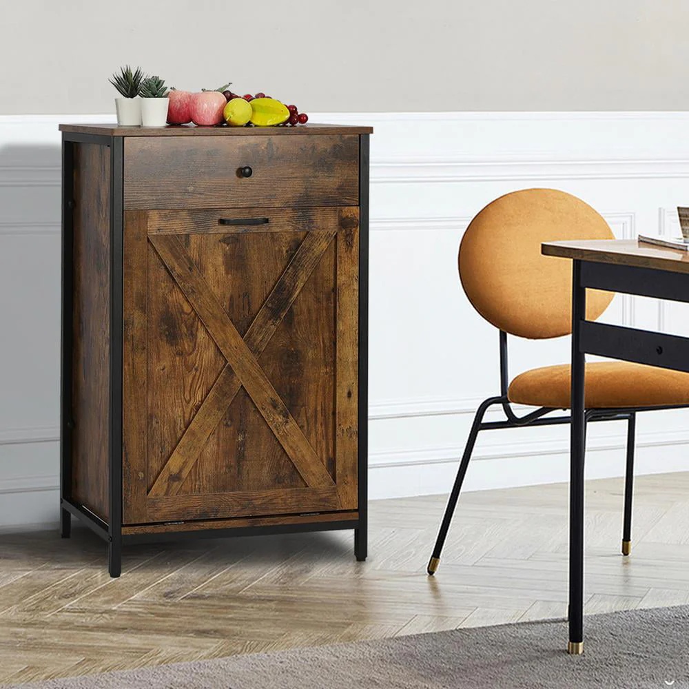 Eclife 10 Gallons Tilt Out Trash Cabinet Freestanding Floor Rustic Solid Wood Barn Door and Storage Drawer Kitchen Island - Image 3