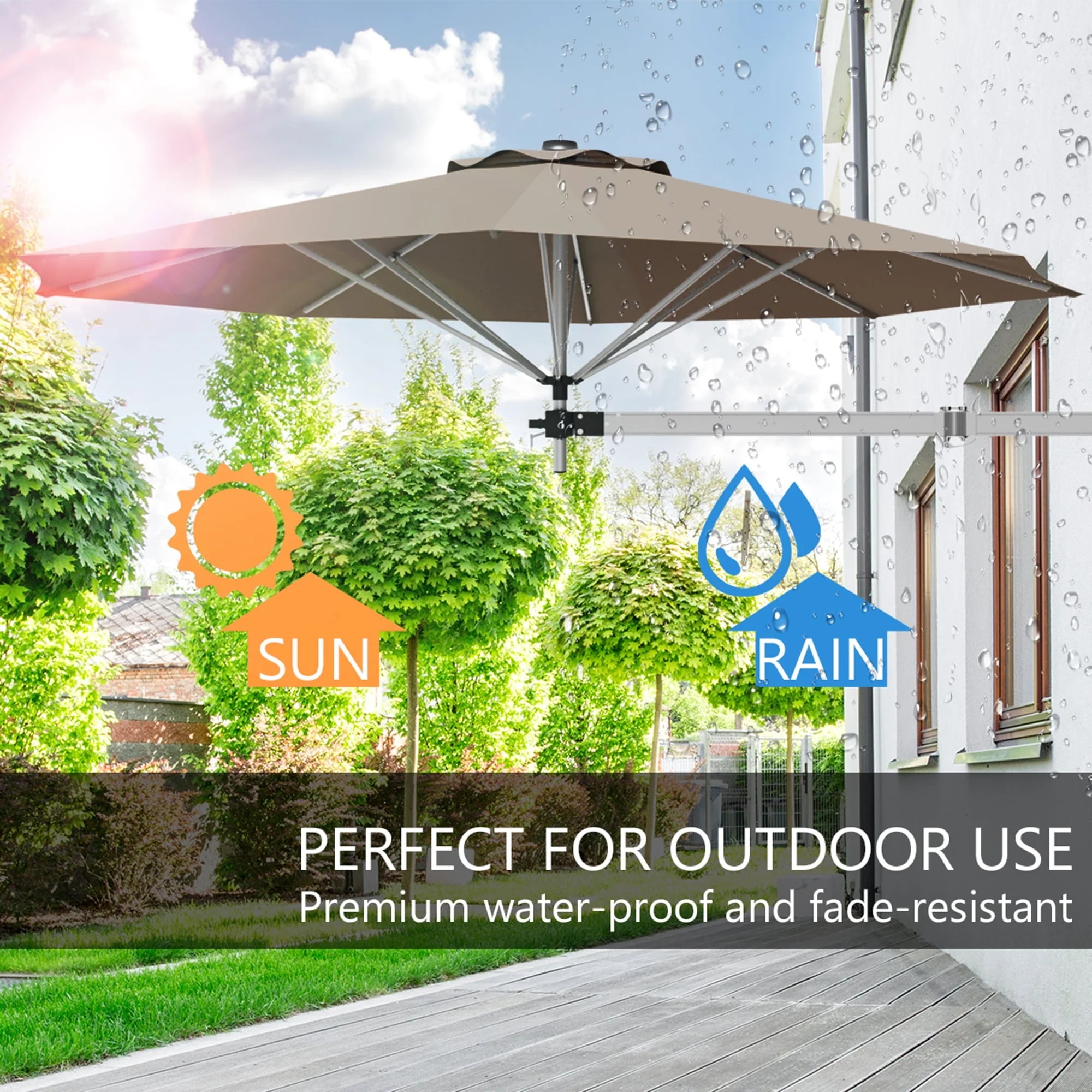 Gymax 8FT Patio Wall Mounted Cantilever Umbrella Parsol w/ Adjustable Pole Tan - Image 6