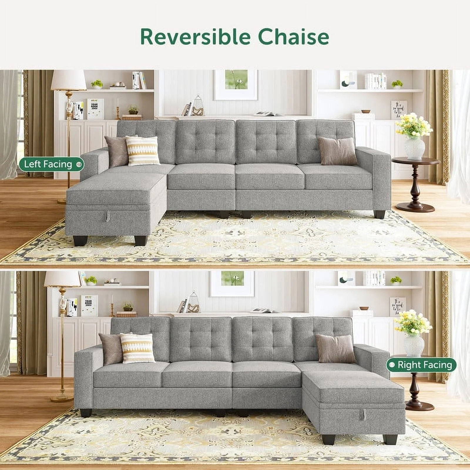 HONBAY Convertible Sectional Sleeper Sofa Bed Sets with Storage and Reversible Chaise, Light Grey - Image 6
