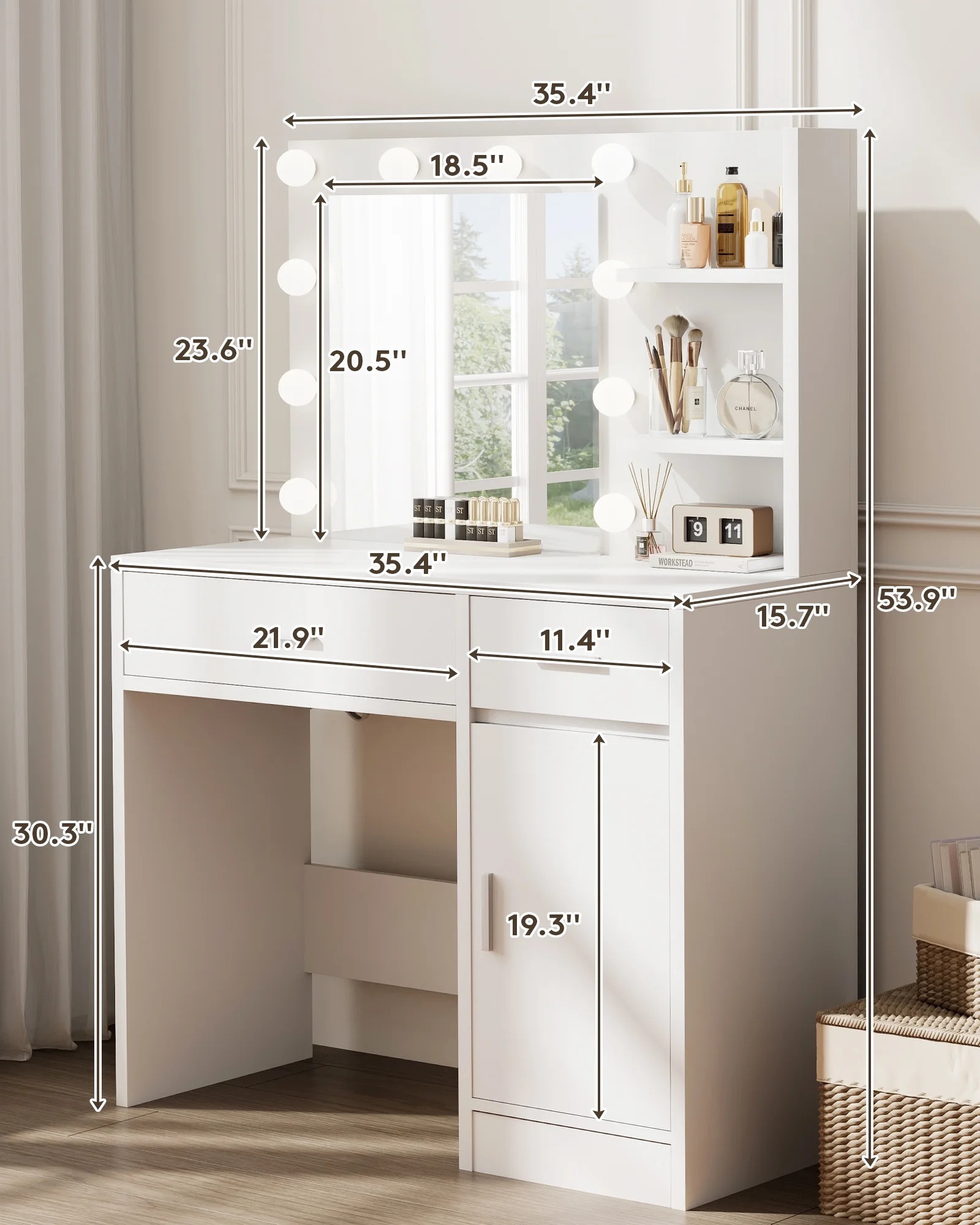 LIVELYGLOW Vanity Desk with Mirror and Lights, Makeup Vanity with Drawer & Storage Shelves, Cabinet, 3 Lighting Modes Adjustable Brightness,White - Image 10