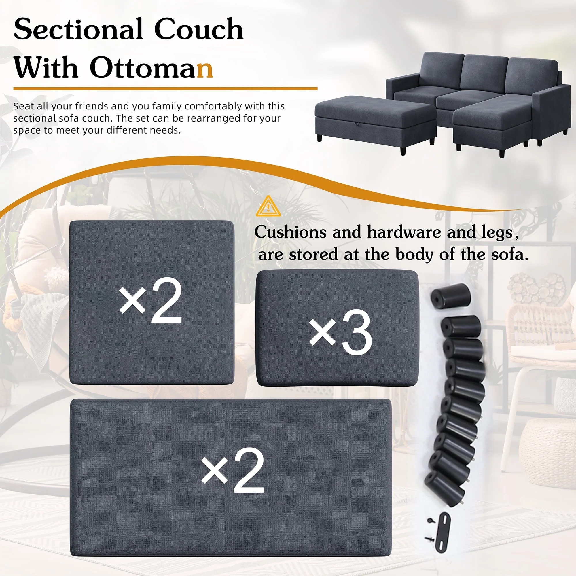 Sobaniilo Soft Couches Set, Convertible Sectional Sofa with Storage Ottoman, Fabric Couches Set for Living Room, Dark Grey - Image 13