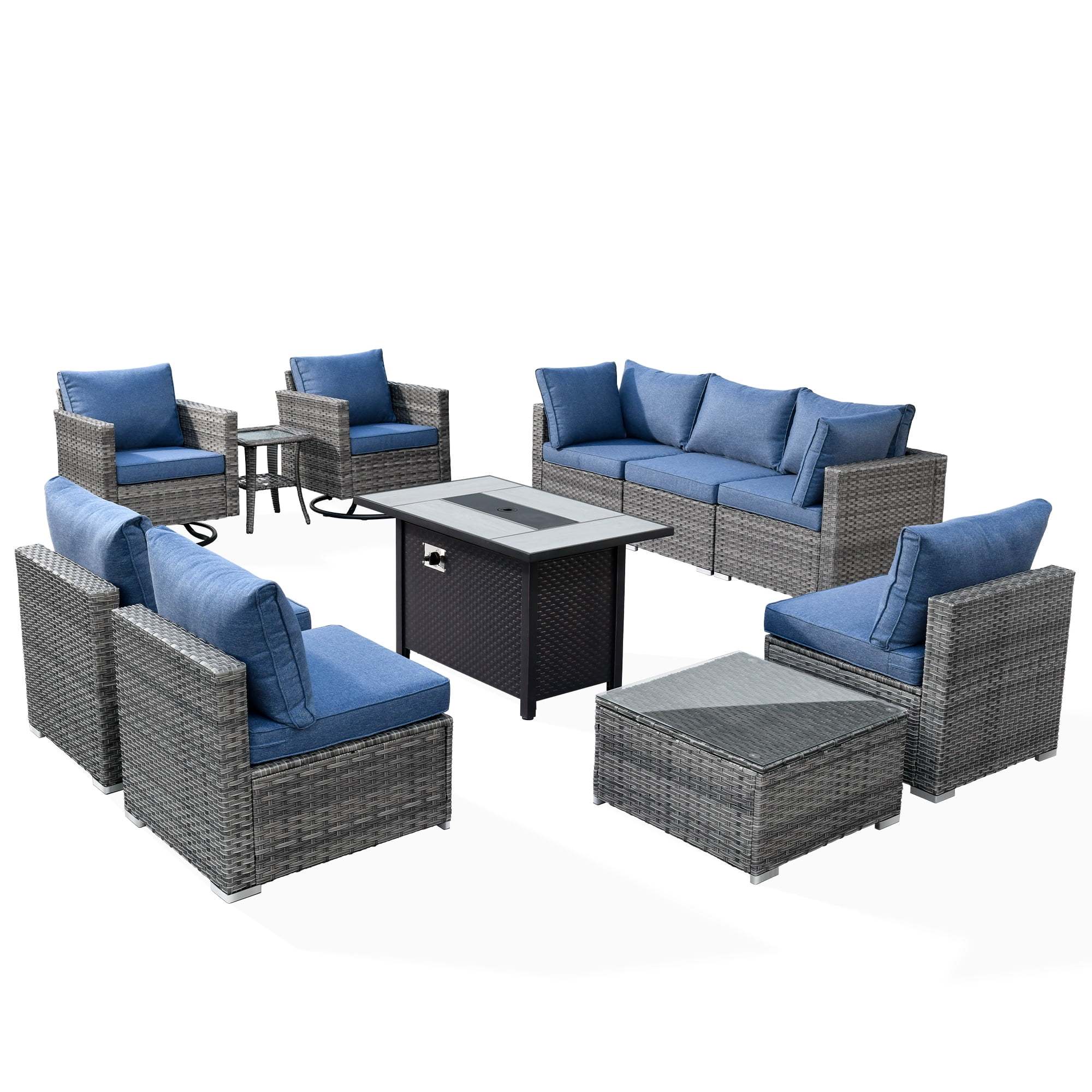 Ovios 11 Pieces Patio Fire Pit Set Outdoor Wicker Sectional Sofa Conversation Set with Swivel Rocking Chairs and Side Table,Dark Gray - Image 18