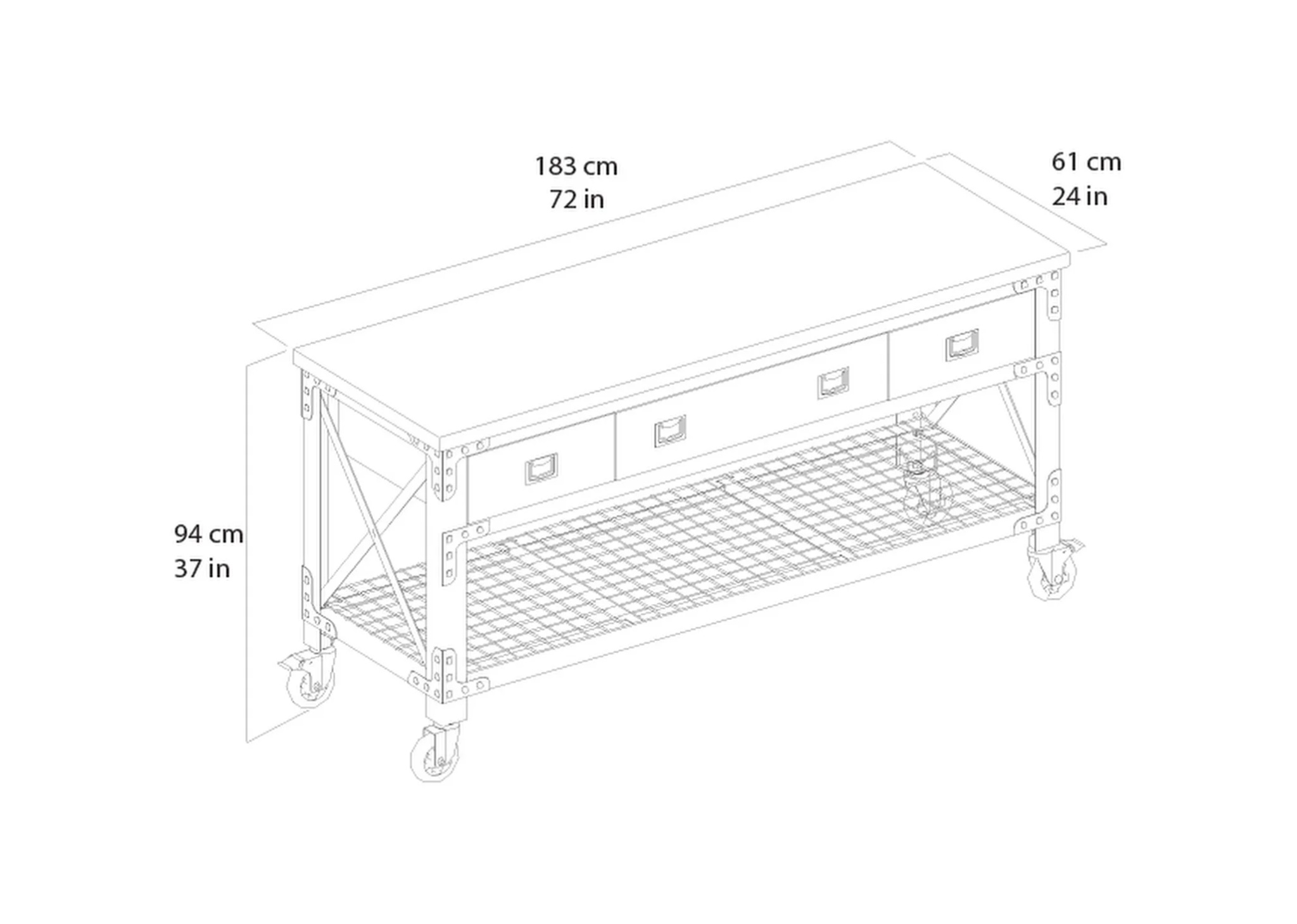 72 In x 24 In. 3 Drawer Rolling Industrial Workbench with Wood Top - Aged Macadamia - Image 11