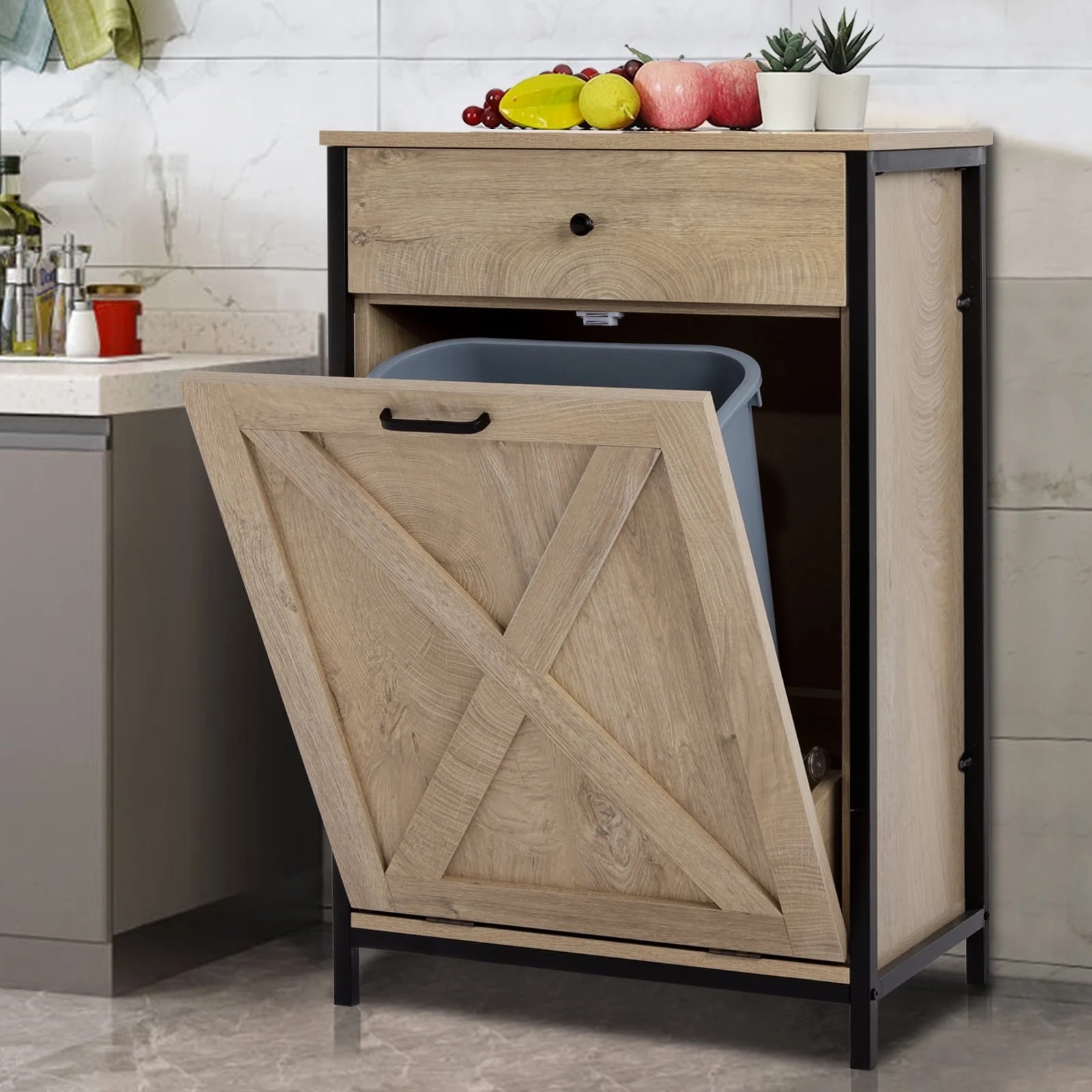 Eclife 10 Gallons Tilt Out Trash Cabinet Freestanding Floor Rustic Solid Wood Barn Door and Storage Drawer Kitchen Island - Image 2