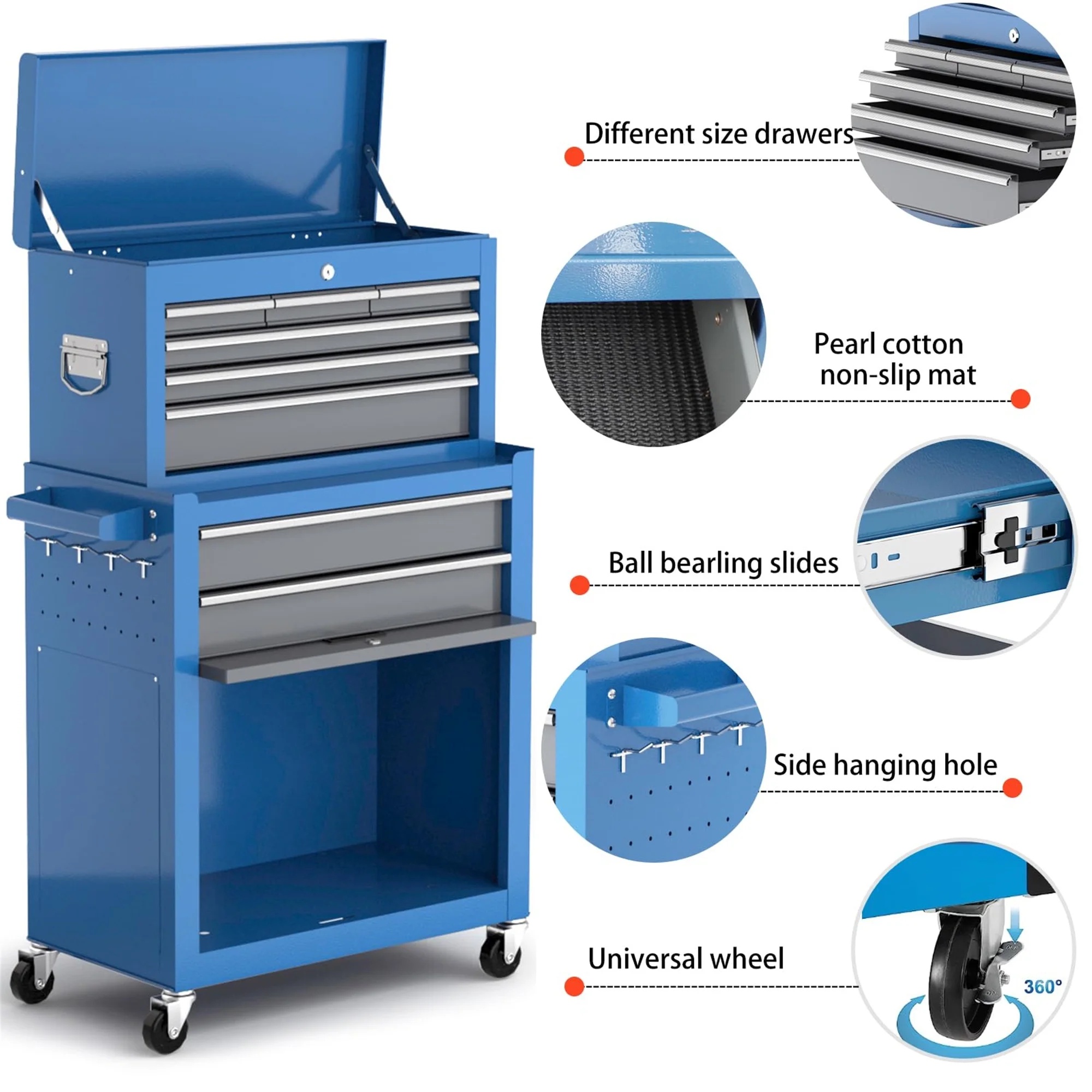 Aukfa Tool Box, 2 in 1 Steel Rolling Tool Chest & Cabinet on Wheels for Garage, 8-Drawers, Black - Image 21