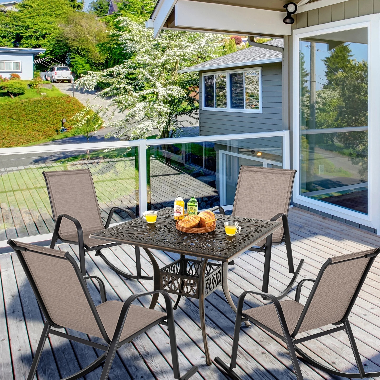 Costway 2 PCS Patio Rocking Chair Heavy-Duty Metal Rocker Outdoor Anti-Slip Brown - Image 5