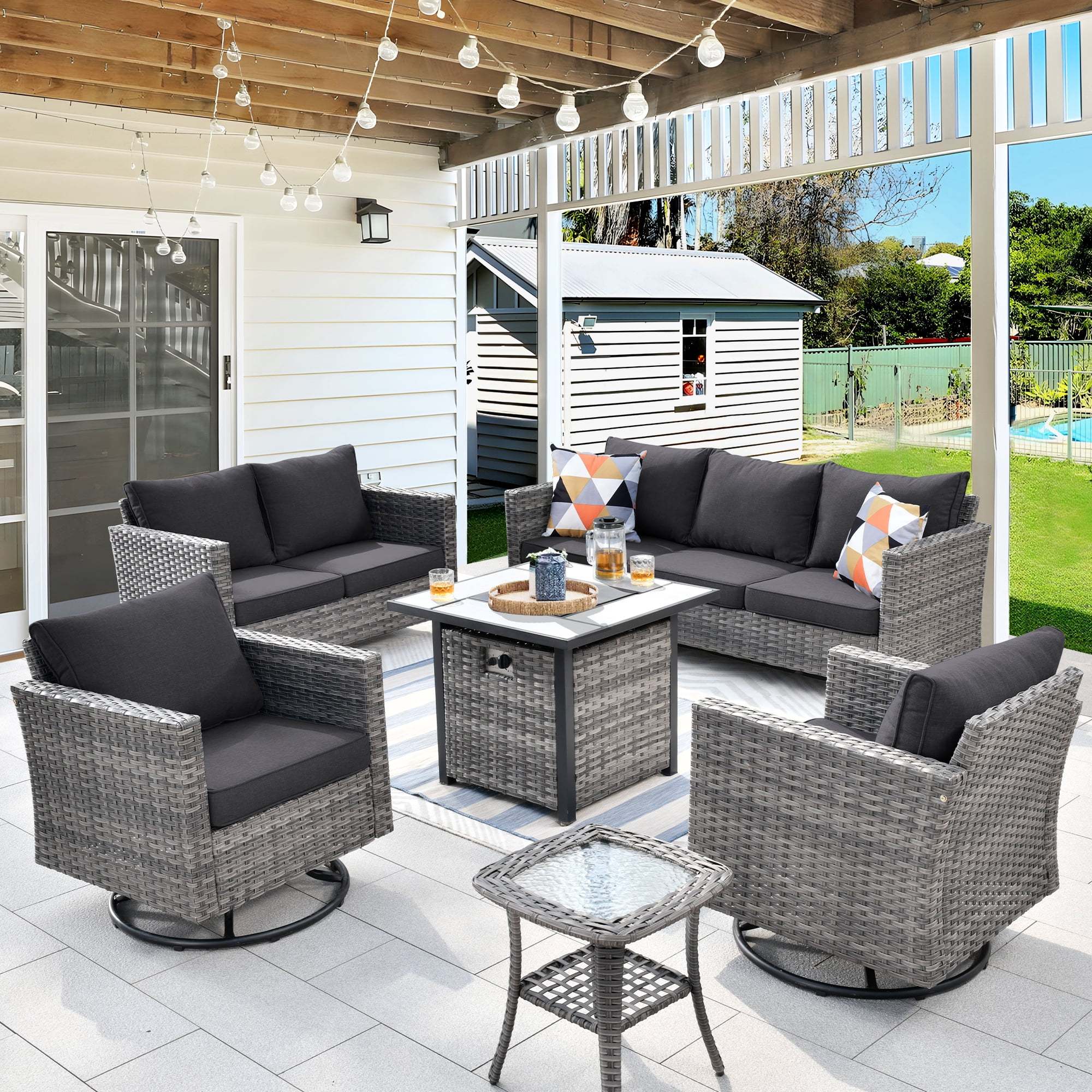 Ovios 6 Pieces Outdoor Patio Furniture Set with Gas Propane Fire Pit Table Wicker Outdoor Conversation Set with Swivel Rocking Chair for Backyard, Cushion Beige - Image 29