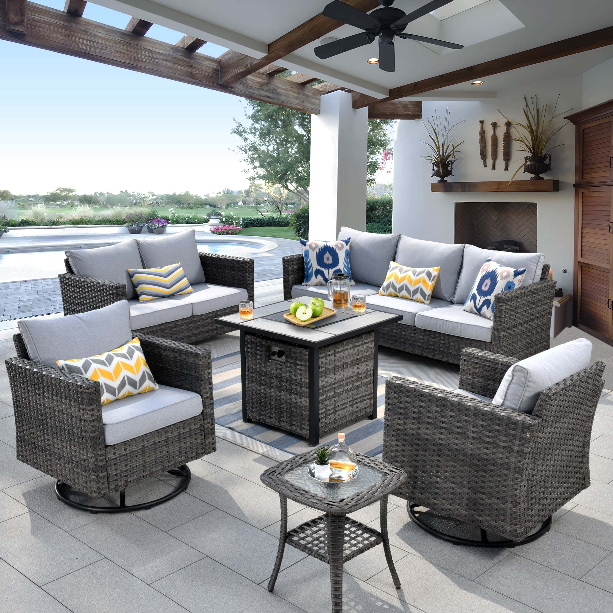 Ovios 6 Pieces Outdoor Patio Furniture Set with Gas Propane Fire Pit Table Wicker Outdoor Conversation Set with Swivel Rocking Chair for Backyard, Cushion Beige - Image 35
