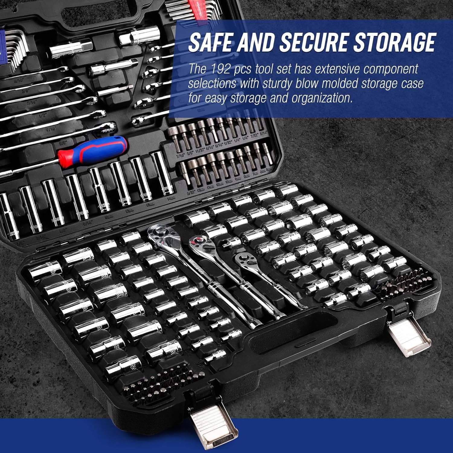 WORKPRO Mechanics Tools Kit and Socket Set, 192-Piece, SAE&Metric, 1/2'', 1/4'', 3/8'' Drive Socket Ratchet Wrench Set with Molded Case - Image 7