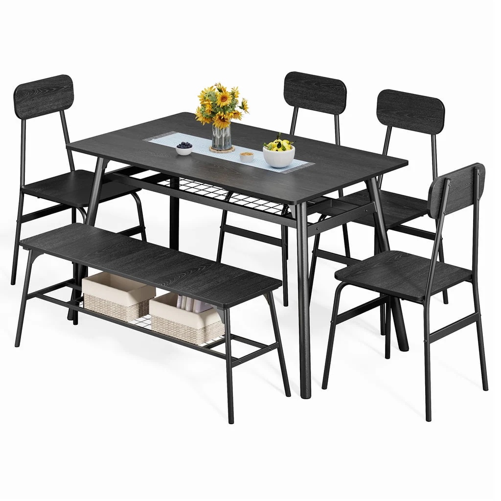 Aiho Dining Table Set for 6 with Storage Rack for Your Daily Meals and Parties - Black - Image 5