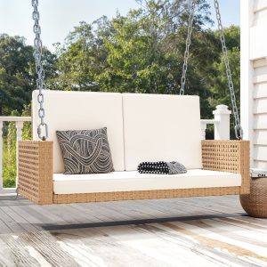 Uforic  2-Person Patio Rattan Hanging Porch Swing Bench Chair Cushion - Beige