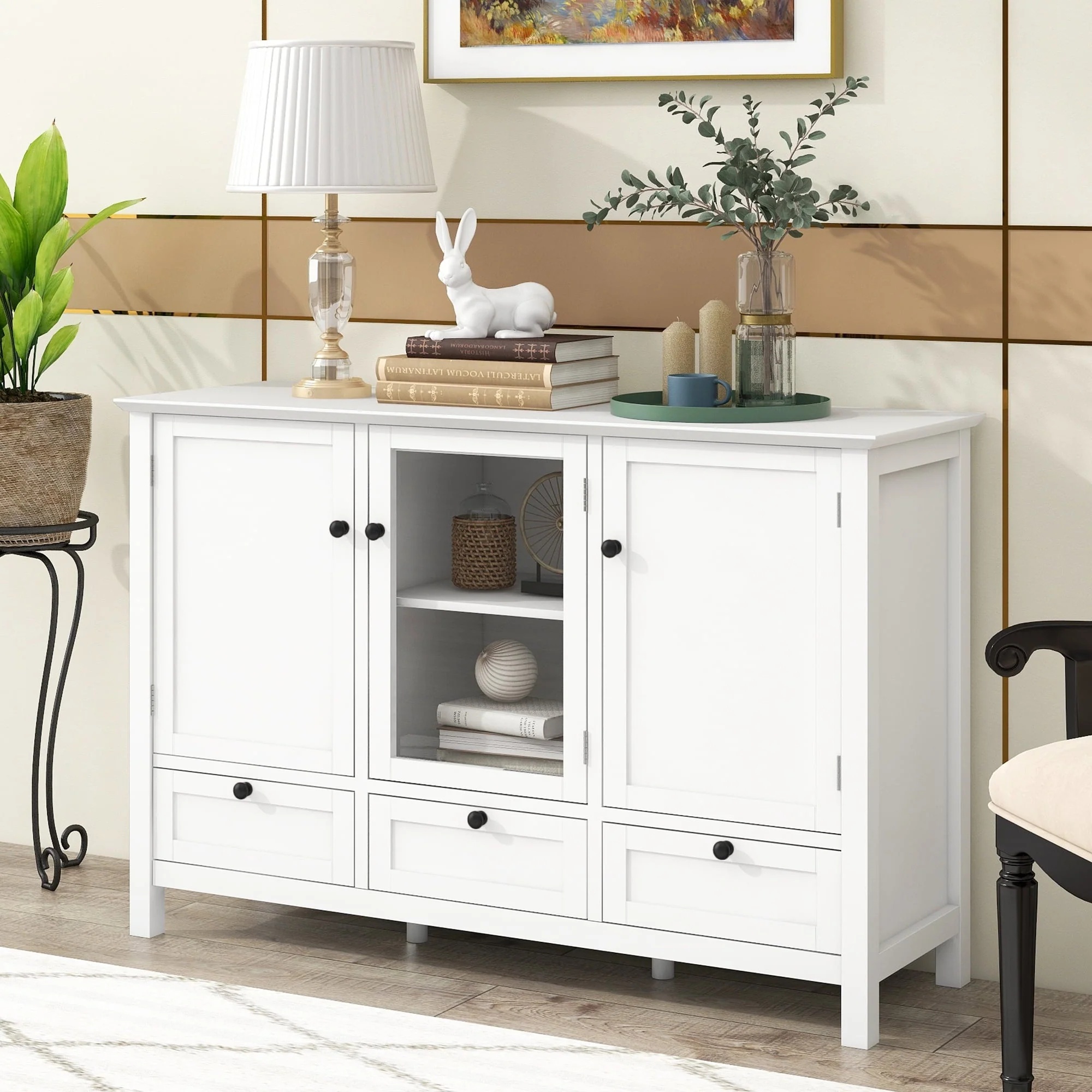 Modern Storage Cabinet, BUG HULL 44.9" Wide Solid Wood Sideboard Buffet Table, Console Table with 3 Doors and Drawers, White - Image 10