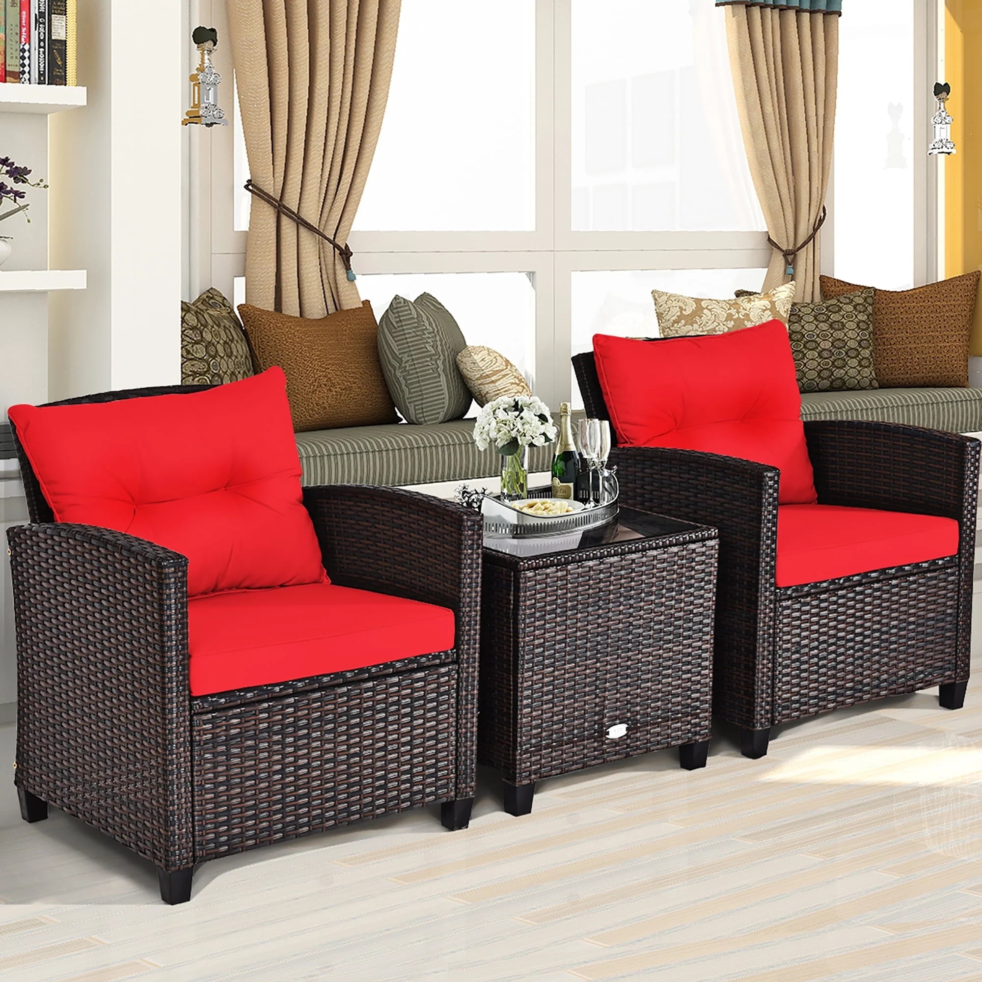Costway 3PCS Patio Rattan Furniture Set Cushioned Conversation Set Sofa Coffee Table Red - Image 6
