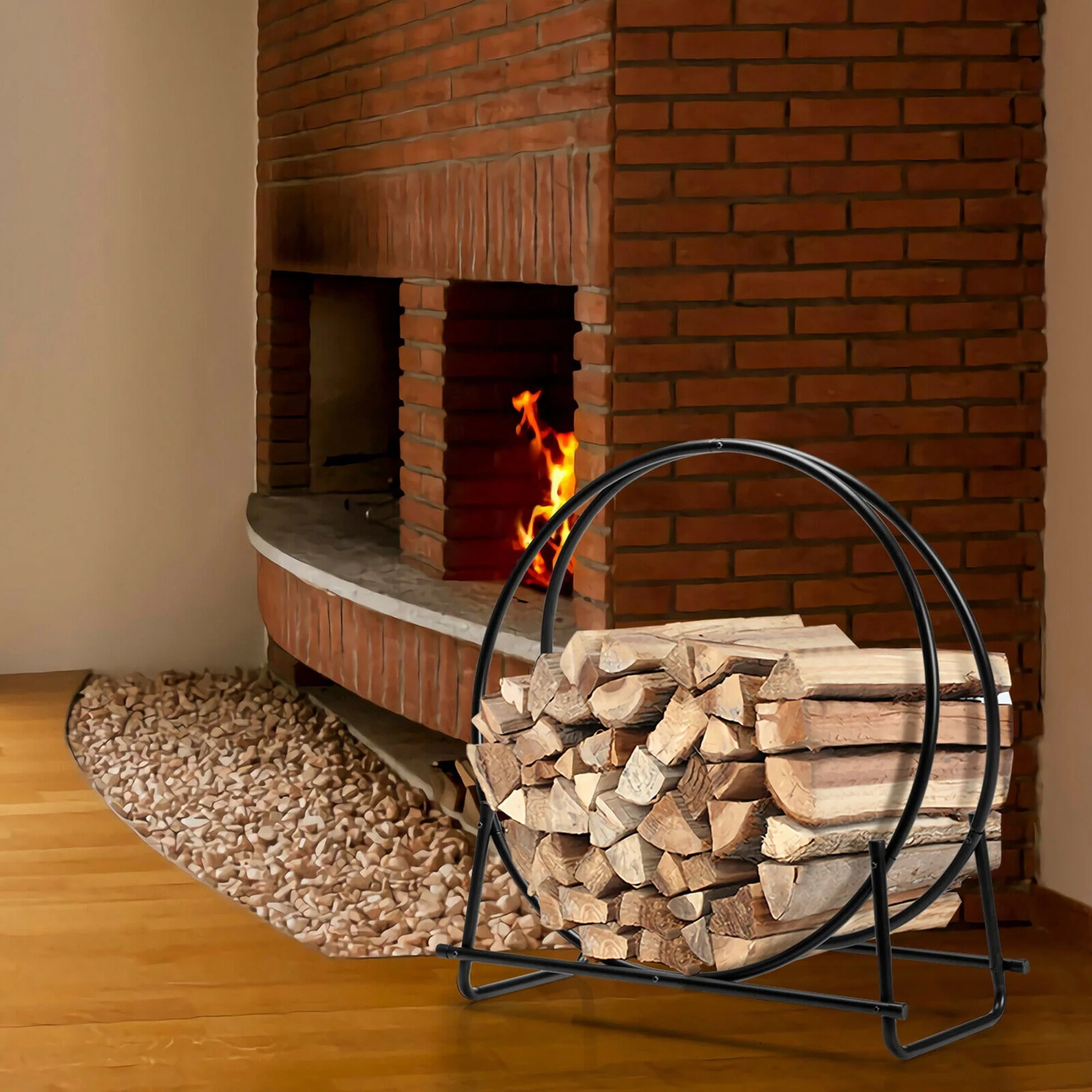 Gymax 30'' Tubular Steel Log Hoop Firewood Storage Rack Holder Round Display - Image 3