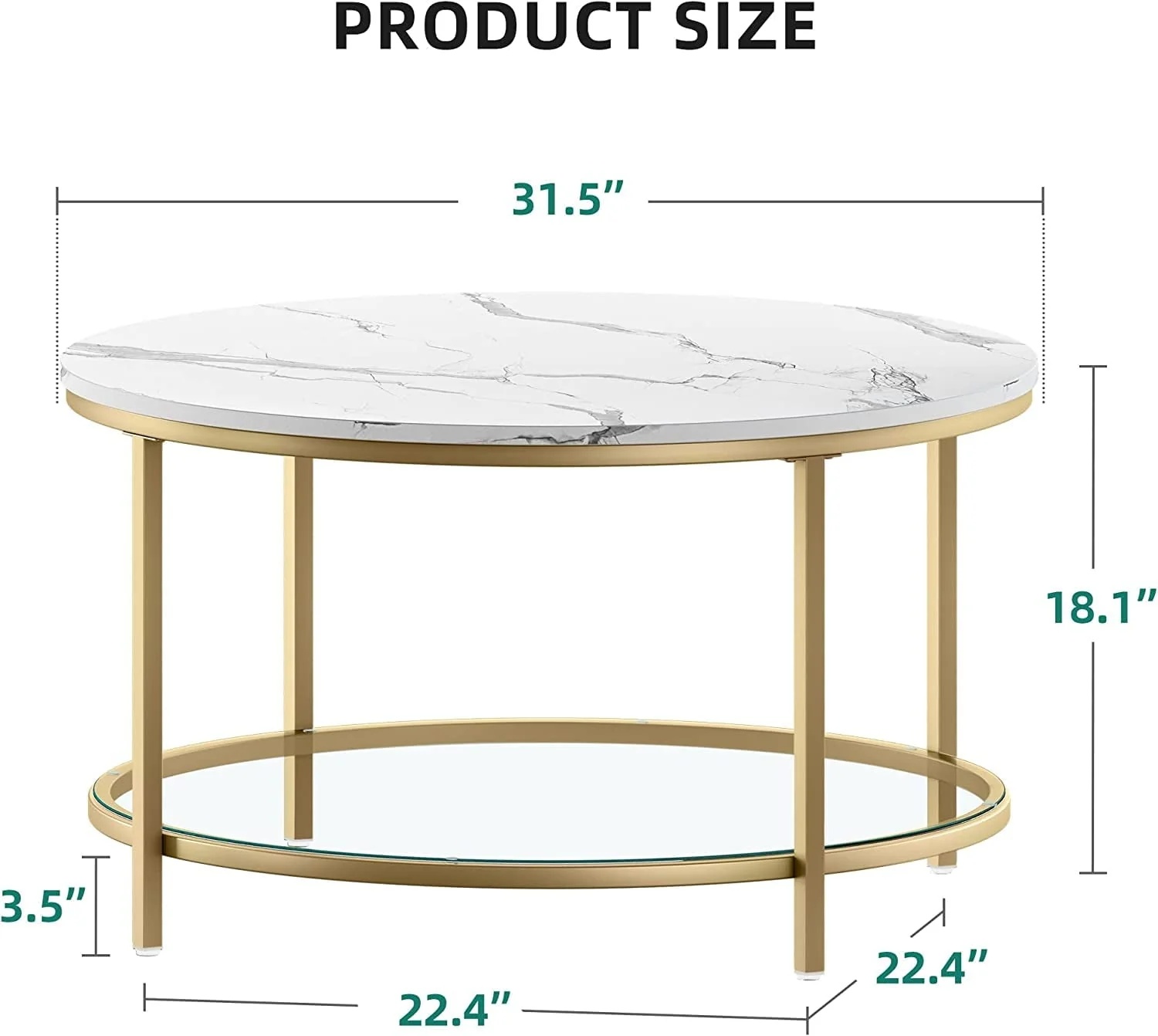 DEXTRUS 2-Tier Round Coffee Table Marble Center Cocktail Table with Glass Open Storage Shelf, White & Gold - Image 6