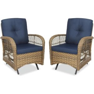 MEETWARM Patio Wicker Rocking Glider Set, All-Weather Outdoor Rattan Patio Rocking Chairs of 2, Patio Conversation Set with Thickened Cushions for Porch Garden & Backyard, Navy Blue