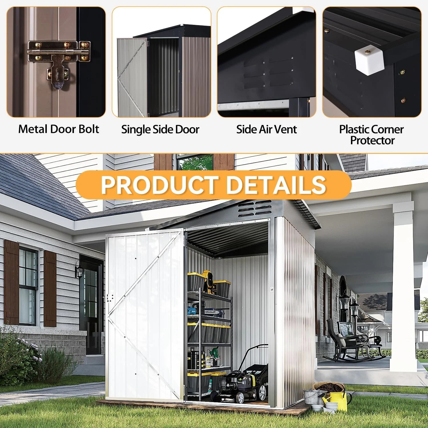 Aoxun 6' x 4' Storage Shed Lean to Storage Shed, Outdoor Metal Wall Side Storage Sheds, Outdoor Storage Cabinet for Patio, Garden, Lawn (Brown) - Image 4