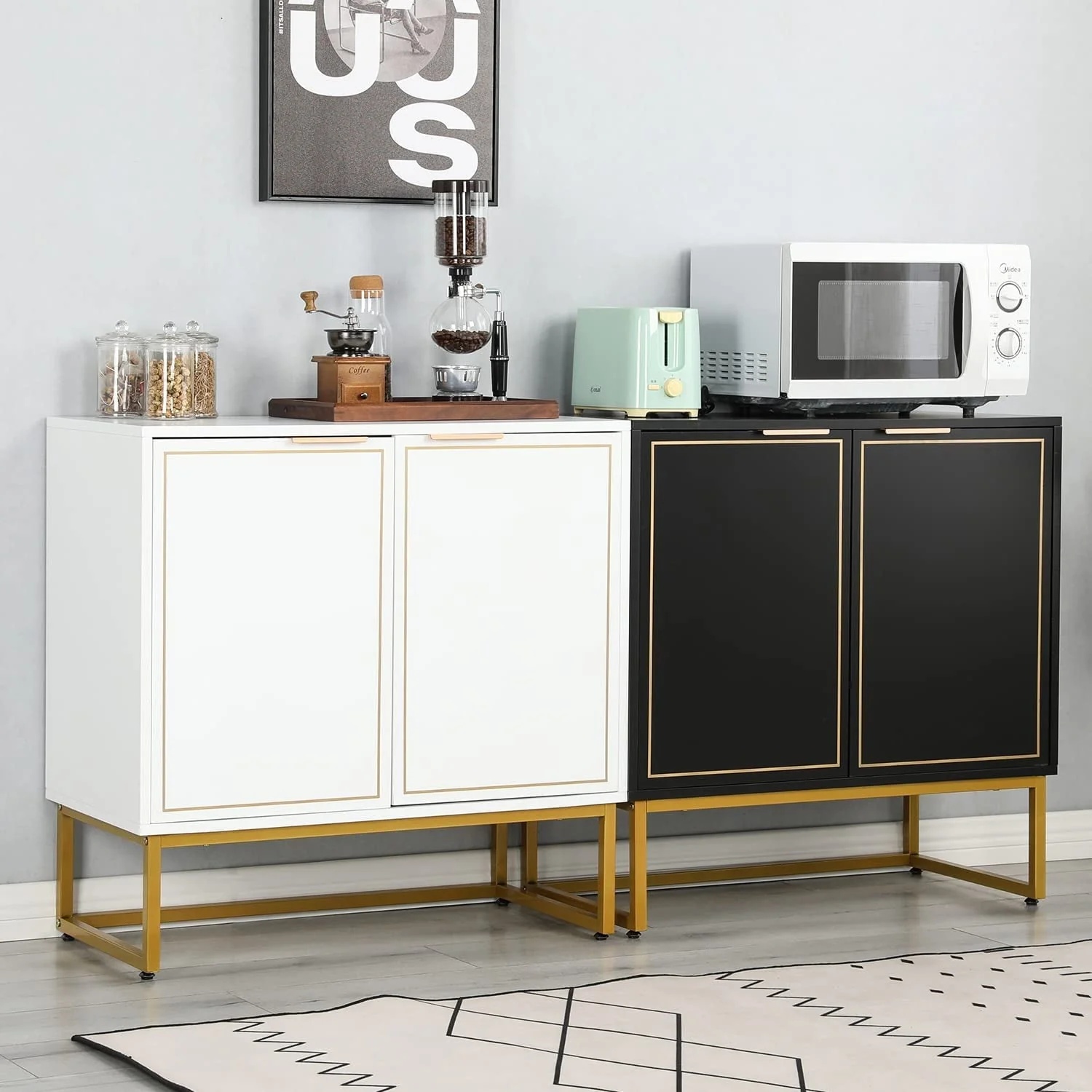 Yoleny 31'' Buffet Cabinet with Storage, Accent Cabinet with 2 Doors, Gold Trim and Golden Legs, Wooden Sideboard with Adjustable Shelf and Feet for Bedroom, Living Room, Kitchen, Hallway, Black - Image 6