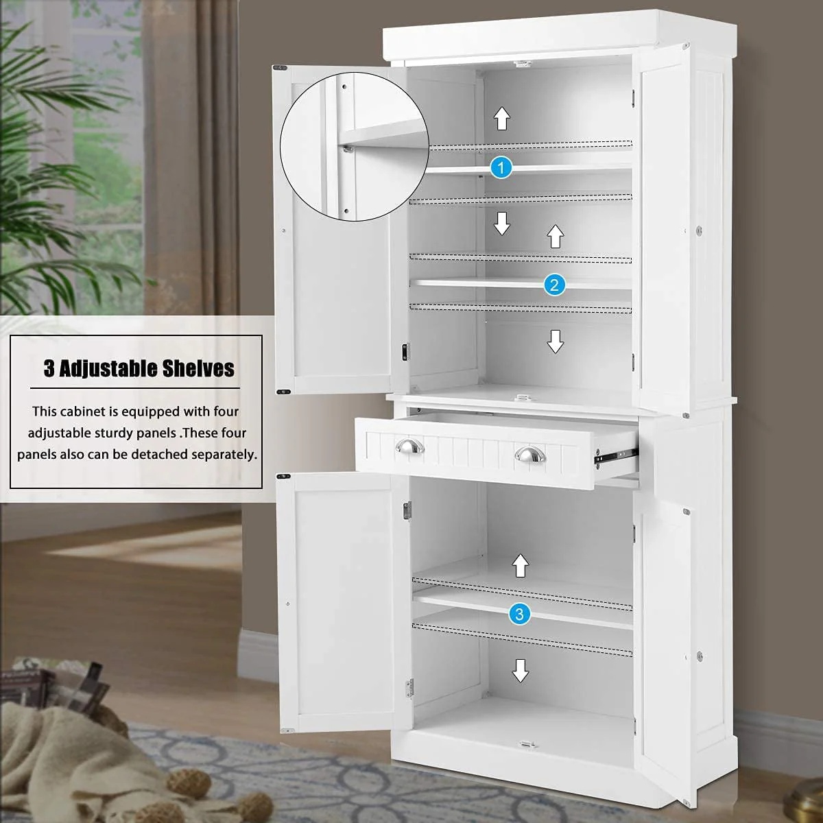 Yoleny Kitchen Pantry, 72-?Freestanding Storage Cabinets with Doors and Shelves, Elegant Colonial Design Cabinet Cupboard, White - Image 5