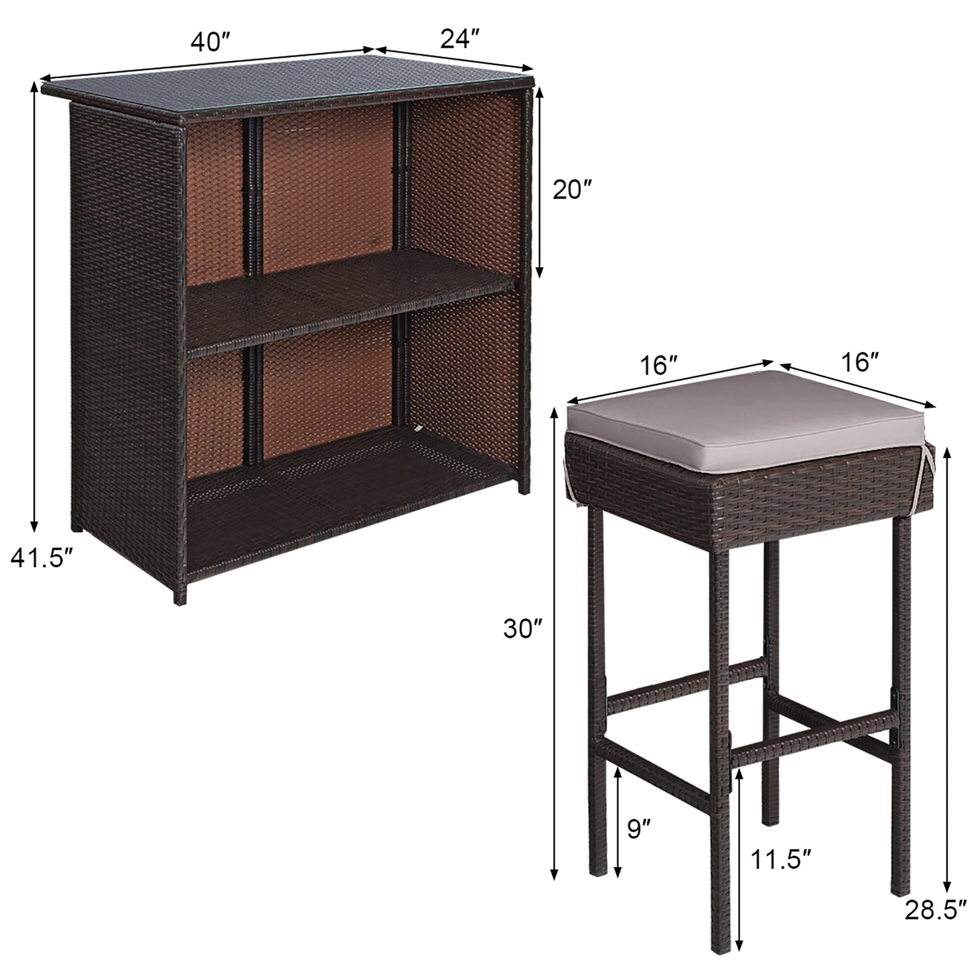 Costway Patio 3PCS Rattan Bar Table Stool Set Cushioned Chairs with Gray & Off white Cover - Image 4