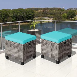 Costway 2PCS Patio Rattan Cushioned Ottoman Seat Foot Rest TableTurquoise