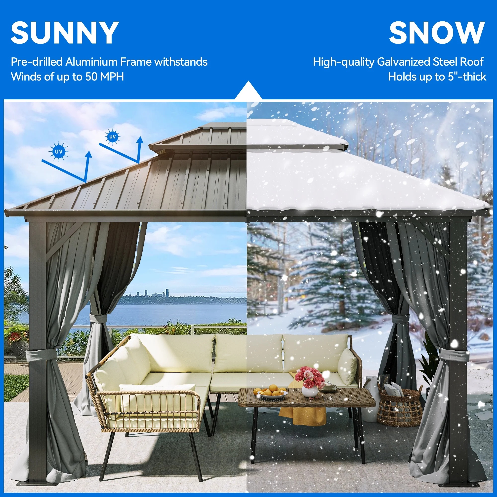 Dextrus 10x12ft Double Roof Hardtop Gazebo with Netting&Curtains, Double Galvanized Iron Aluminum Frame Outdoor White Gazebo,Ideal for Patio, Backyard,Deck and Lawns,Grey Curtain - Image 24
