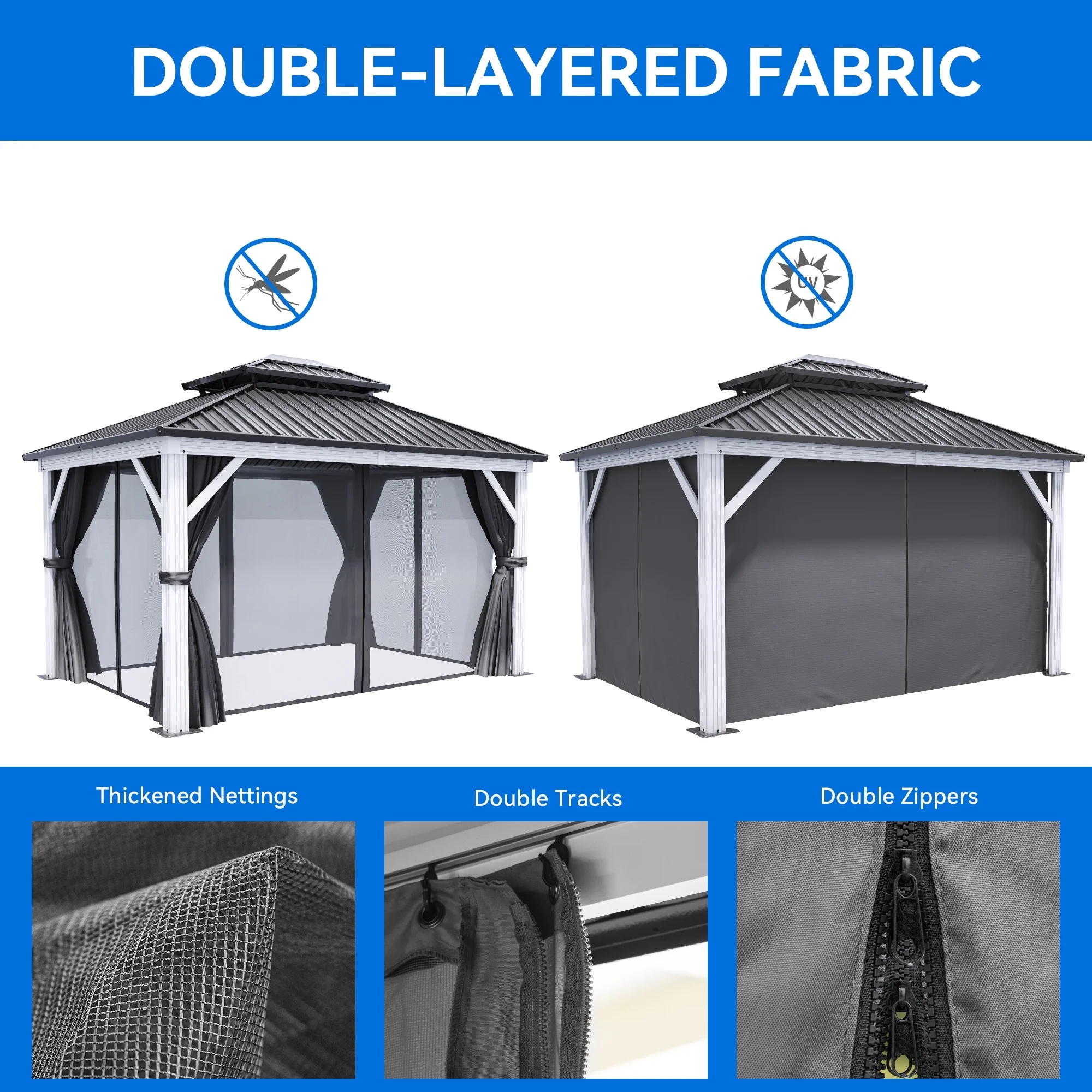 Dextrus 10x12ft Double Roof Hardtop Gazebo with Netting&Curtains, Double Galvanized Iron Aluminum Frame Outdoor White Gazebo,Ideal for Patio, Backyard,Deck and Lawns,Grey Curtain - Image 4