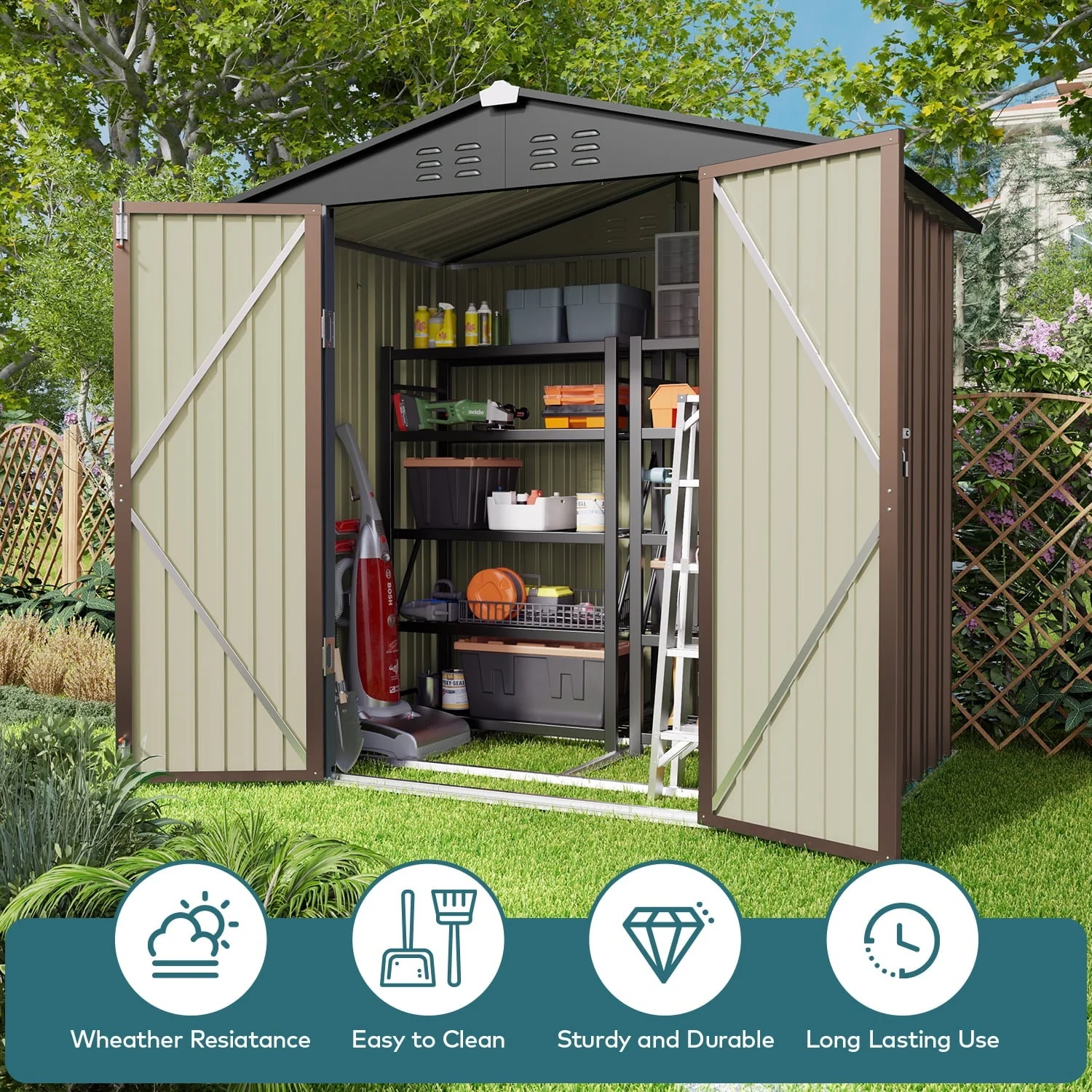 Lofka 6 x 4 FT Outdoor Shed for Storage, Metal Garden Shed with Double Lockable Doors, Brown - Image 3