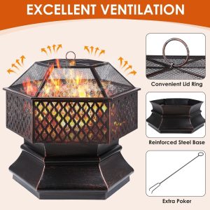 Arlopu 30'' Hex Shaped Steel Fire Pit for Outside, Wood Burning Fireplace Fire Bowl with Spark Screen & Fire Poker for Patio, Backyard, Camping
