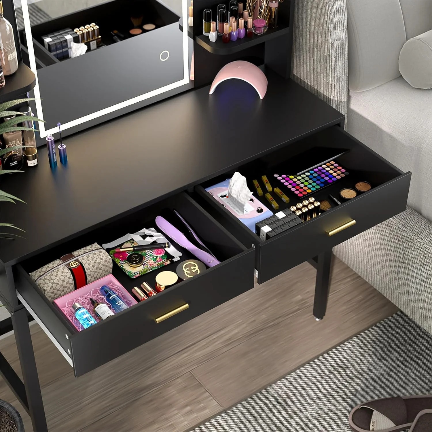 iSunirm Vanity Desk with Mirror and Lights, Makeup Vanity with 2 Drawers, Vanity Table Set with 3 Color Adjustable Lighting Options, Modern Dressing Table with Shelf, for Bedroom, Pink - Image 23
