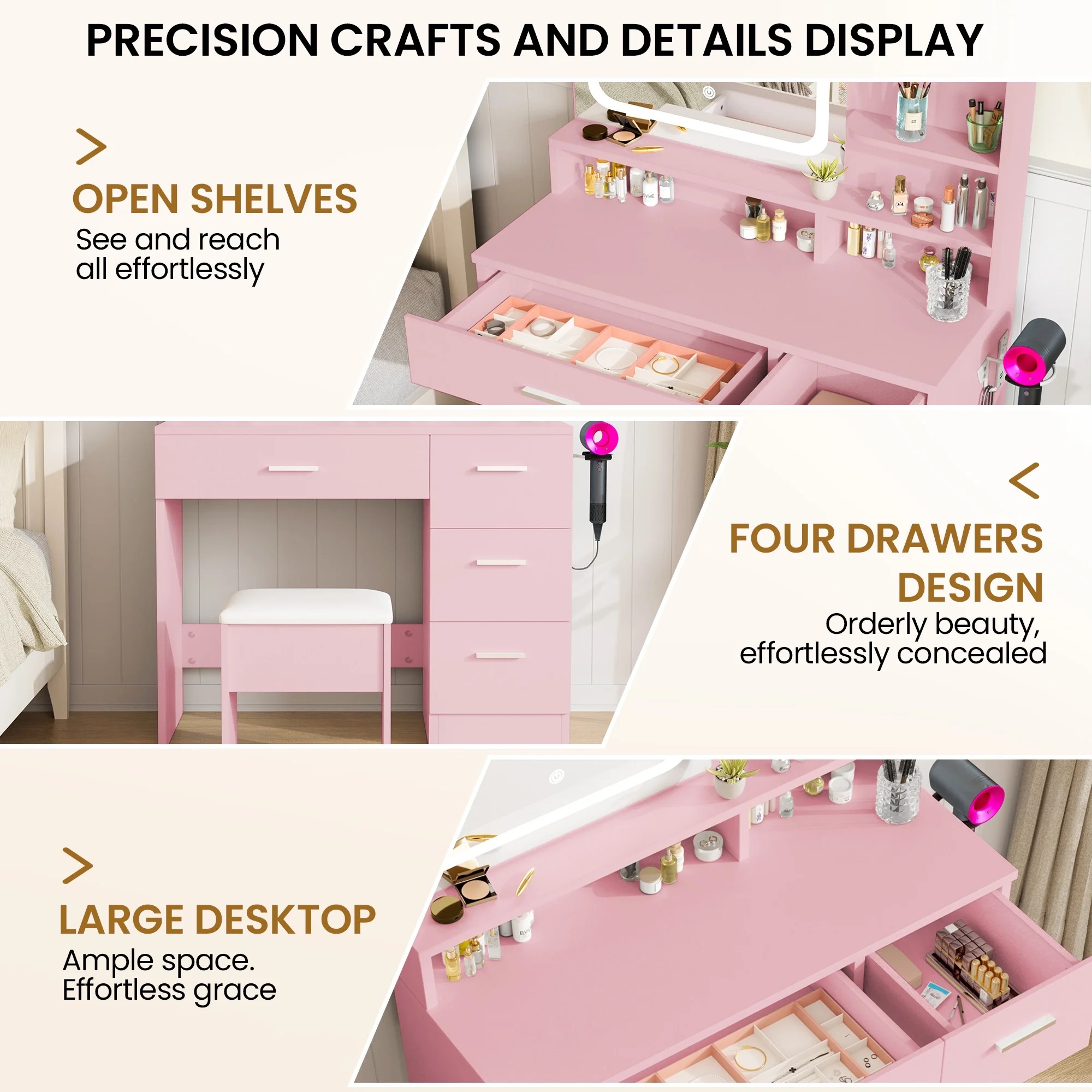 LIVELYGLOW Vanity Desk with Mirror and Lights, Makeup Vanity with Drawer & Storage Shelves, Cabinet, 3 Lighting Modes Adjustable Brightness,White - Image 28
