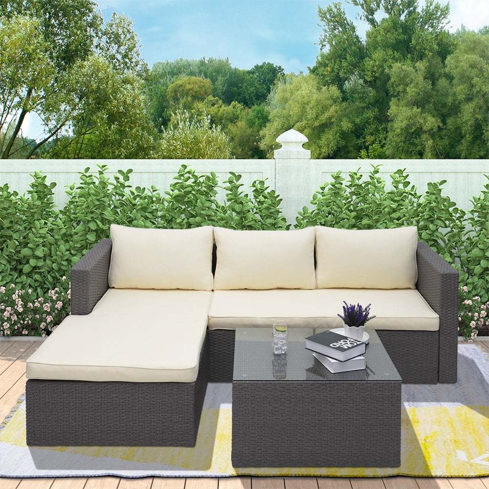 Abble 3pcs Patio Furniture Set Outddor Wicker Sectional Set Conversation Sofa Set with Cushions-Gray - Image 2