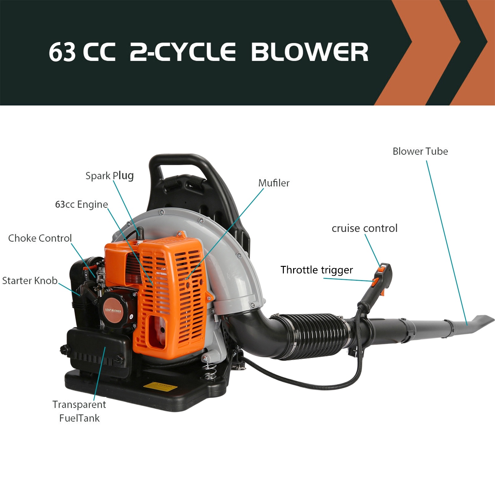 Limorve EB650 Backpack Leaf Blower, 2-Stroke Engine Multi-purpose 63 Cubic Centimeter High Strength Snow Blower for Lawn Care, Patio, Sidewalk,Snow Blowing-Orange - Image 4