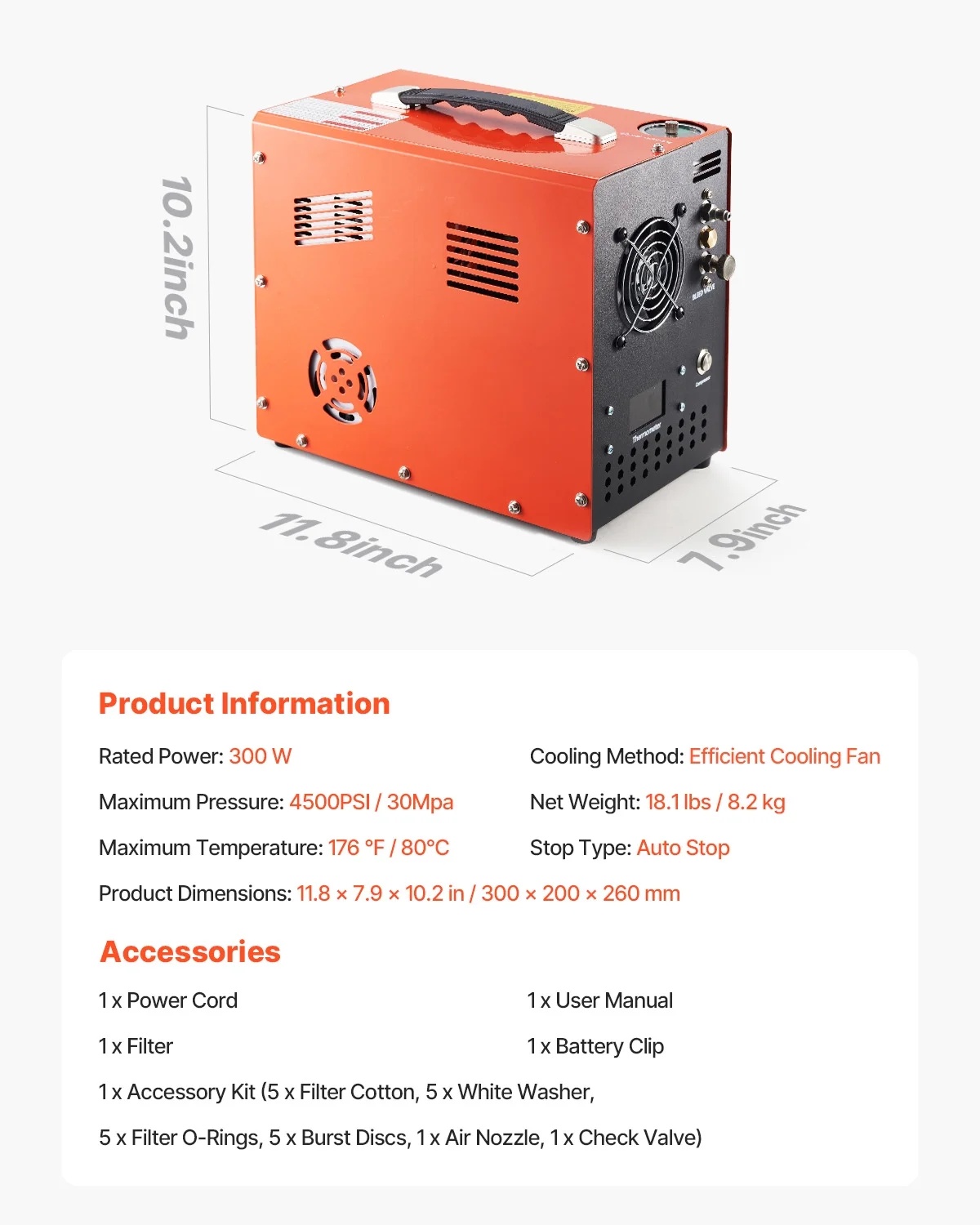 KFFKFF PCP Air Compressor, 4500PSI/30Mpa PCP Airgun Compressor with Integrated Converter & Fan Cooling Mechanism, Automatic Shut-off DC12V/AC120V Compact Paintball Tank Compressor - Image 4