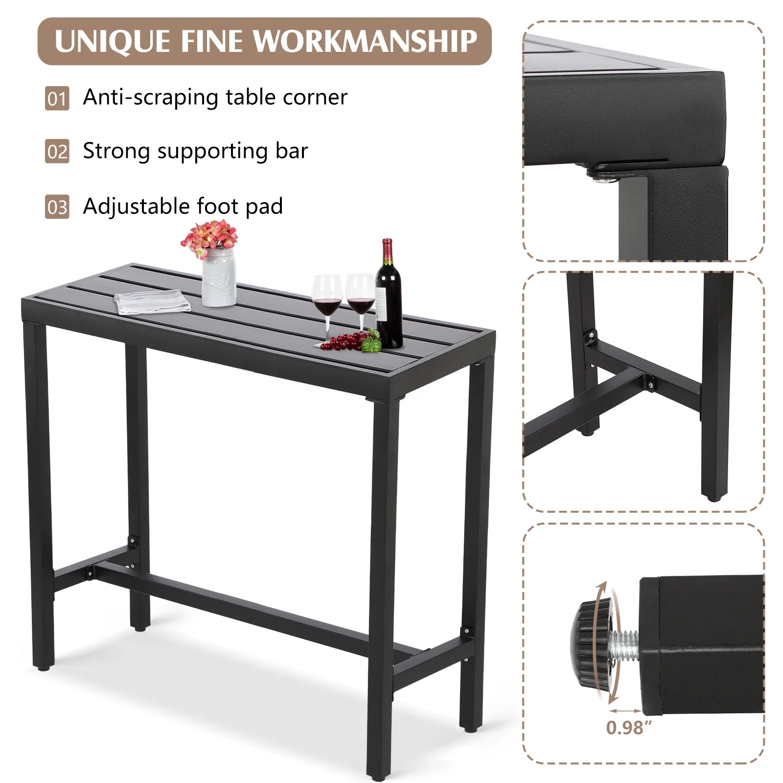 Outdoor Bar Table, 63 Patio Console Pub Height Table with Powder Coated Steel Frame and Weather Resistant Waterproof Top for Hot Tub, Balcony, Garden, Yard, Poolside, Indoor Outdoor - Image 3